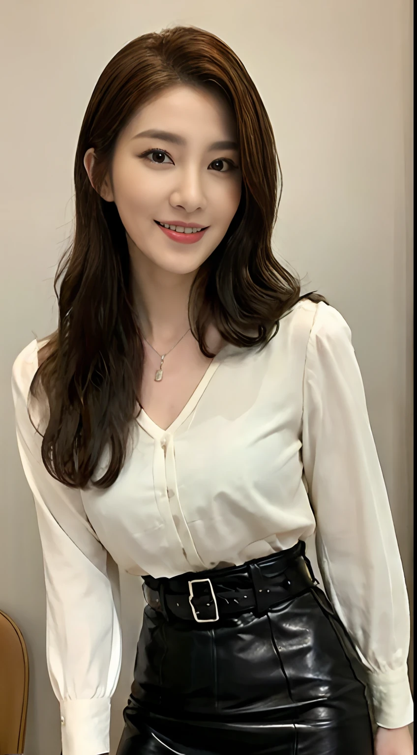(top-quality、hight resolution)、A Japanese Lady、Slender Abs、Dark brown hair styled in loose waves、Keep the pendant on、Silver Blouse、a belt、leather、Black tight skirt、a room