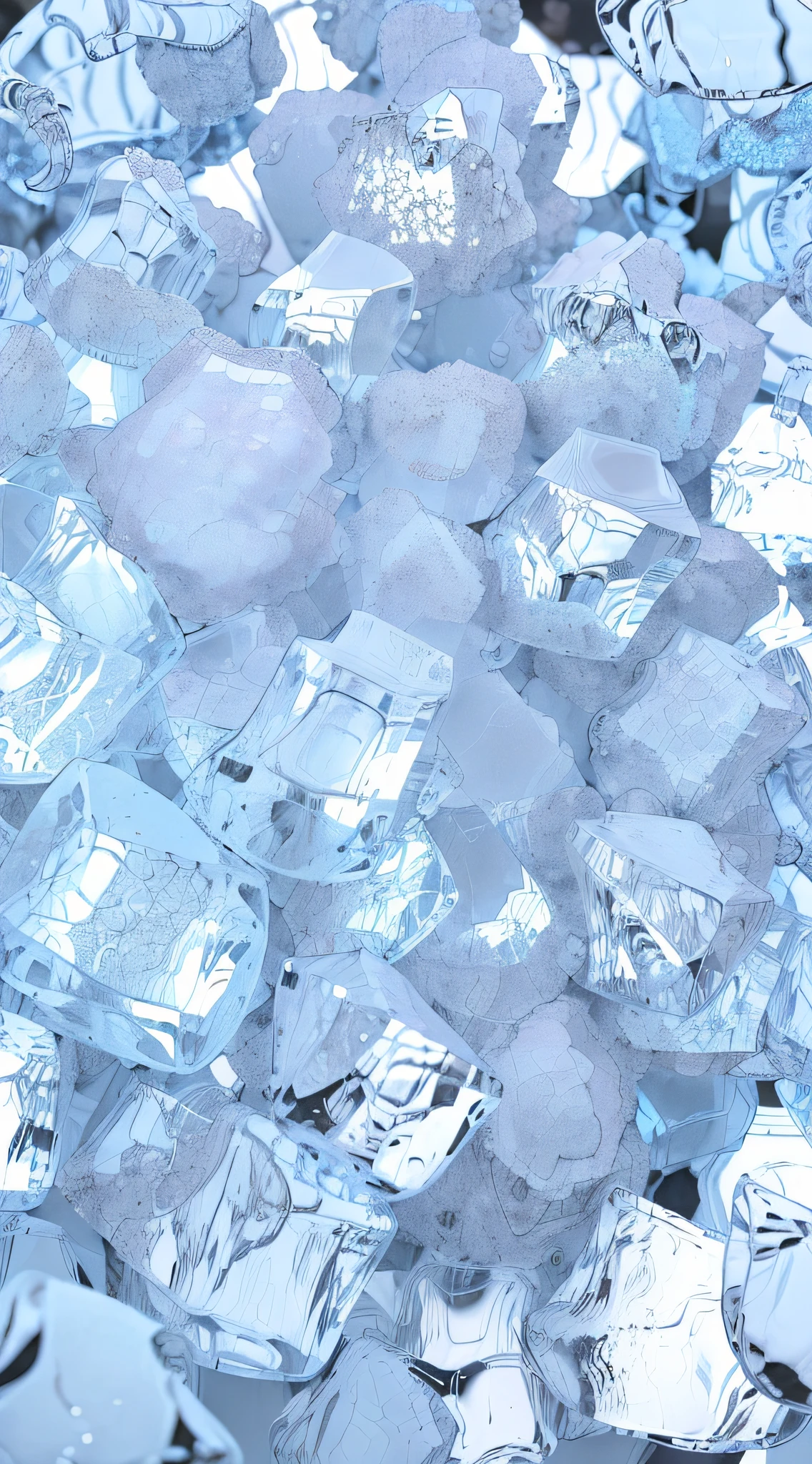 A pile of ice on a pile of ice, crystal material, transparent crystals, , crystal particles, ice cubes, Close-up of single crystal ice cubes, Sparkling ice， crystallic, Translucent crystals, crystals enlight the scene, Ice cube crystals,The feeling of transparent color，超高分辨率