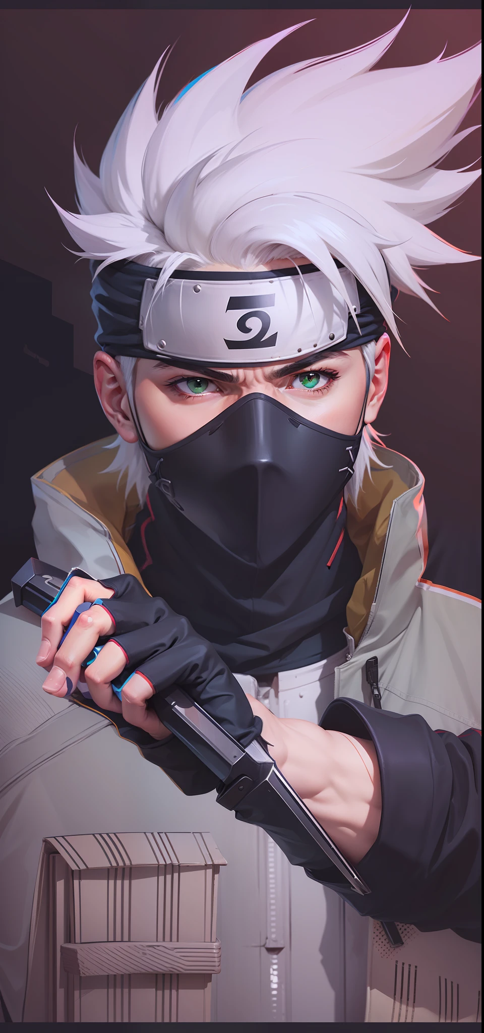 A ninja with white hair, A cut on left eyes, with masker,holding kunai, headband,green jacket,best quality, realism, hatake Kakashi from Naruto, handsome man, realistic, 8k, Best quality, Masterpiece, High resolution, Ultra Realistic, Kakashi, Ninja, Glitch effect