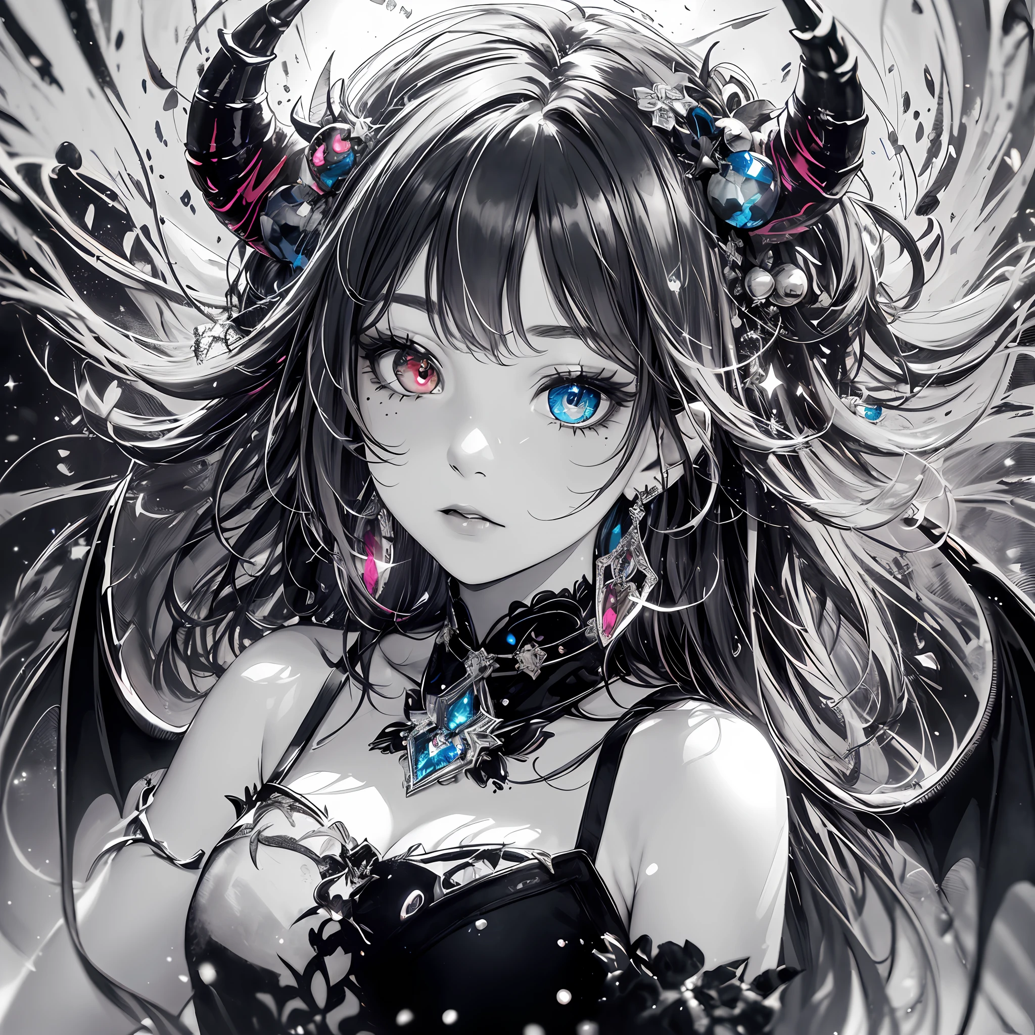 (Best Quality:1.3),4K,8K,8K Portrait,16 K,(masutepiece:1.2),1girl in,Solo,(maximalism:1.7),(Selectioncolormonochrome:1.8),(monochrome color:1.8),(grayscales:1.8),ultra-detailliert,absurderes,(very detailed beautiful face and eyes:1.4),
(dense beautiful hair:1.4),delicate composition,Dark Fantasy,
Super cute girl,Long hair,(Heterochromia:1.4),(Sapphire right eye:1.5),(Ruby left eye:1.5),(Black hair:1.5),(wearing black dress:1.3),(devil:1.8),(Highly detailed demon wings on the back:1.8),(devil horn:1.5),(Jewelry Hair Ornaments:1.8), Sun in your eyes,
The world of your eyes,
All with your eyes,Upper body,
(jewelry eyes:1.5),(Eyelashes:1.3),(symbol in eyes:1.4),(hight resolution, le,Glitter,Lens Flare,light Particle,Shining:1.4),(Lori:,(Cute:1.8), (Beautiful background:1.3),Thoughtful expression, Empathetic, looking after, kind,
content expression, satisfied, pleased, gratified,
Thoughtful expression, Pensive, Reflective, Contemplative,
Determined expression, resolute, purposeful, Firm,
BREAK,
(Colorful:1.5), Blooming light effect,
Watercolor style, soft blending, fluid colors, dreamy washes, delicate textures, organic shape, atmospheric depth,
Watercolor wash, Translucent layer, Delicate blends, Fluid Textures, Subtle shades, organic shape, poetic atmosphere,