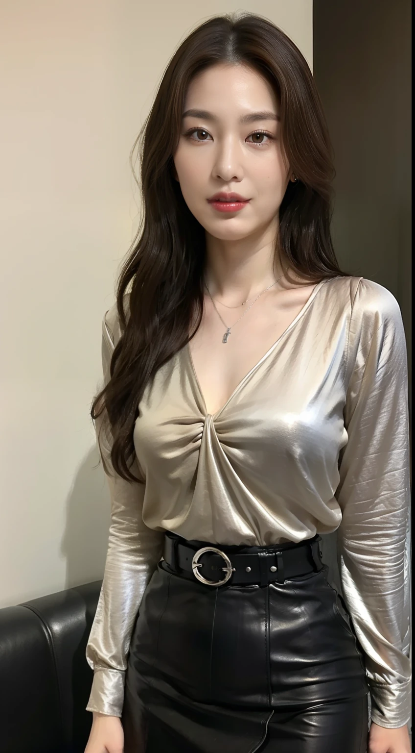 (top-quality、hight resolution)、A Japanese Lady、Slender Abs、Dark brown hair styled in loose waves、Leave the pendant on、Silver Blouse、a belt、Leather、Black tight skirt、a room