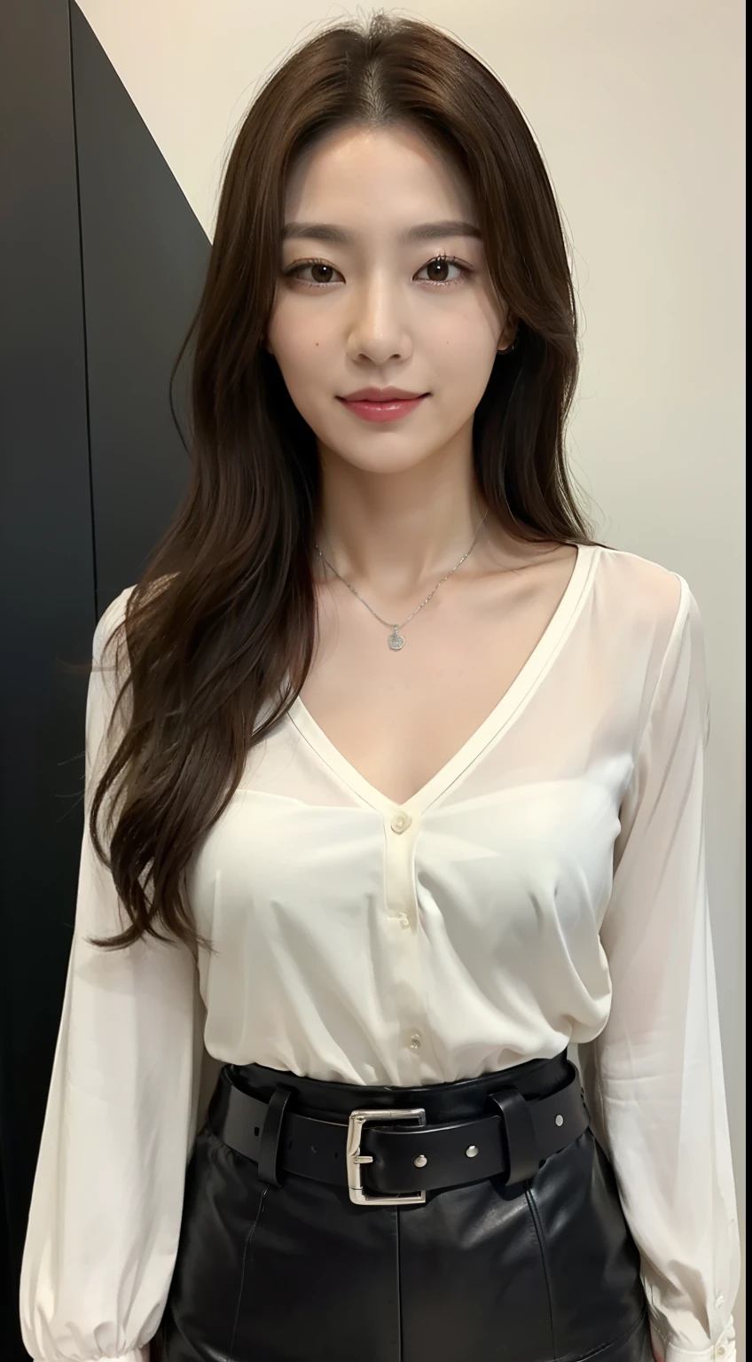 (top-quality、hight resolution)、A Japanese Lady、Slender Abs、Dark brown hair styled in loose waves、Leave the pendant on、Silver Blouse、a belt、Leather、Black tight skirt、a room