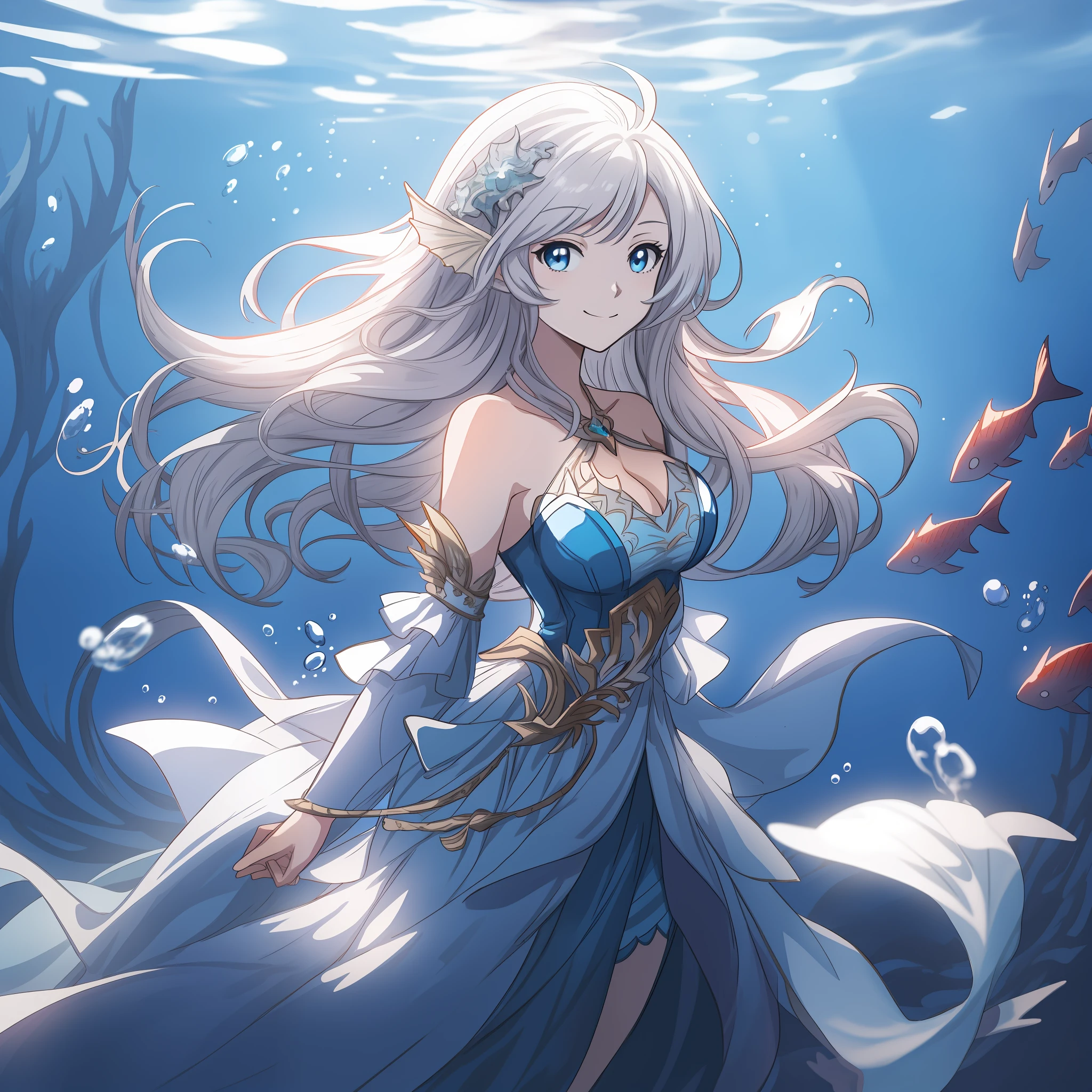 anime girl in a blue dress standing in the water, wallpaper anime blue water, trending on artstation pixiv, granblue fantasy, goddess of the ocean, beautiful fantasy anime, ”beautiful anime woman, detailed digital anime art, anime fantasy illustration, goddess of the sea, beautiful anime artwork, detailed anime art, beautiful anime art, high quality anime art, white hair, mermaid, cleavage, big breasts, sexy,, smiling