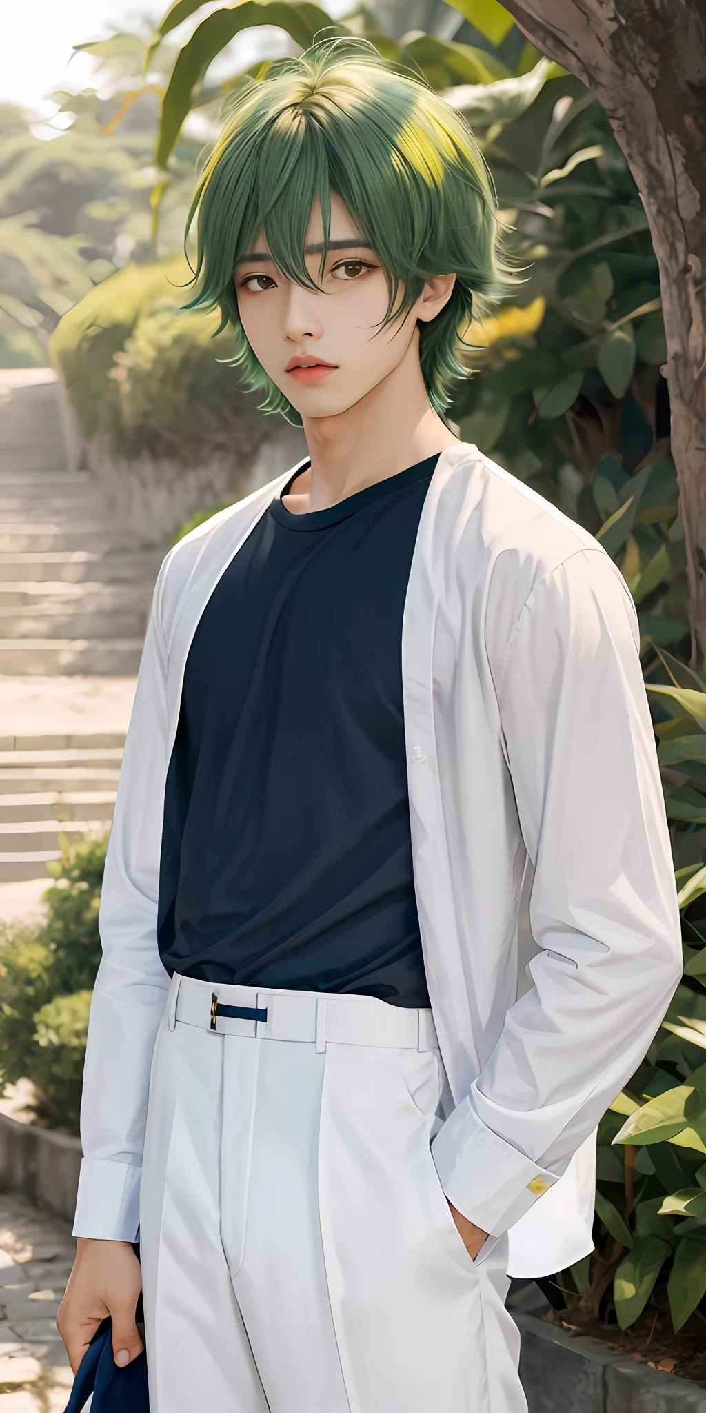 alhaitham\(genshin impact\), 1boy, foco masculino, cabelo sobre um olho, solo, cabelos grisalhos, franja, olhando para o espectador, capa, capa verde, camisa, boca fechada, ahoge, camisa sem mangas, gema, luvas, parte superior do corpo, cabelo curto , mangas destacadas , acabamento dourado, olhos verdes, camisa preta, franja varrida, sem mangas, um olho coberto, abs, luvas pretas, fundo amarelo,