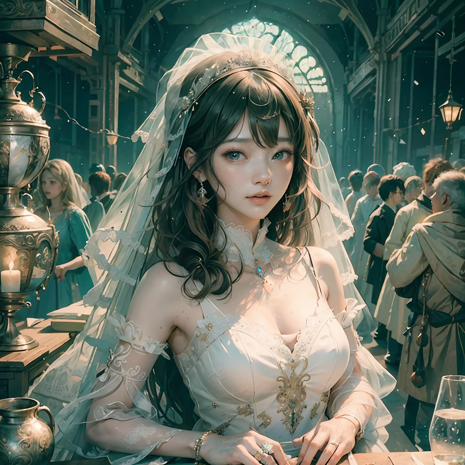 ((of the best quality , masterpiece, illustrations, an extremely delicate and beautiful, extremely detailed ,CG ,unity ,8K wallpapers, amazing, fine details, masterpiece,of the best quality,official art,Extremely detailed CG unified 8k wallpaper)),long shot,1女孩,独奏, ,Bare shoulders, ulzzang-6500-v1.1,wedding dress, --auto