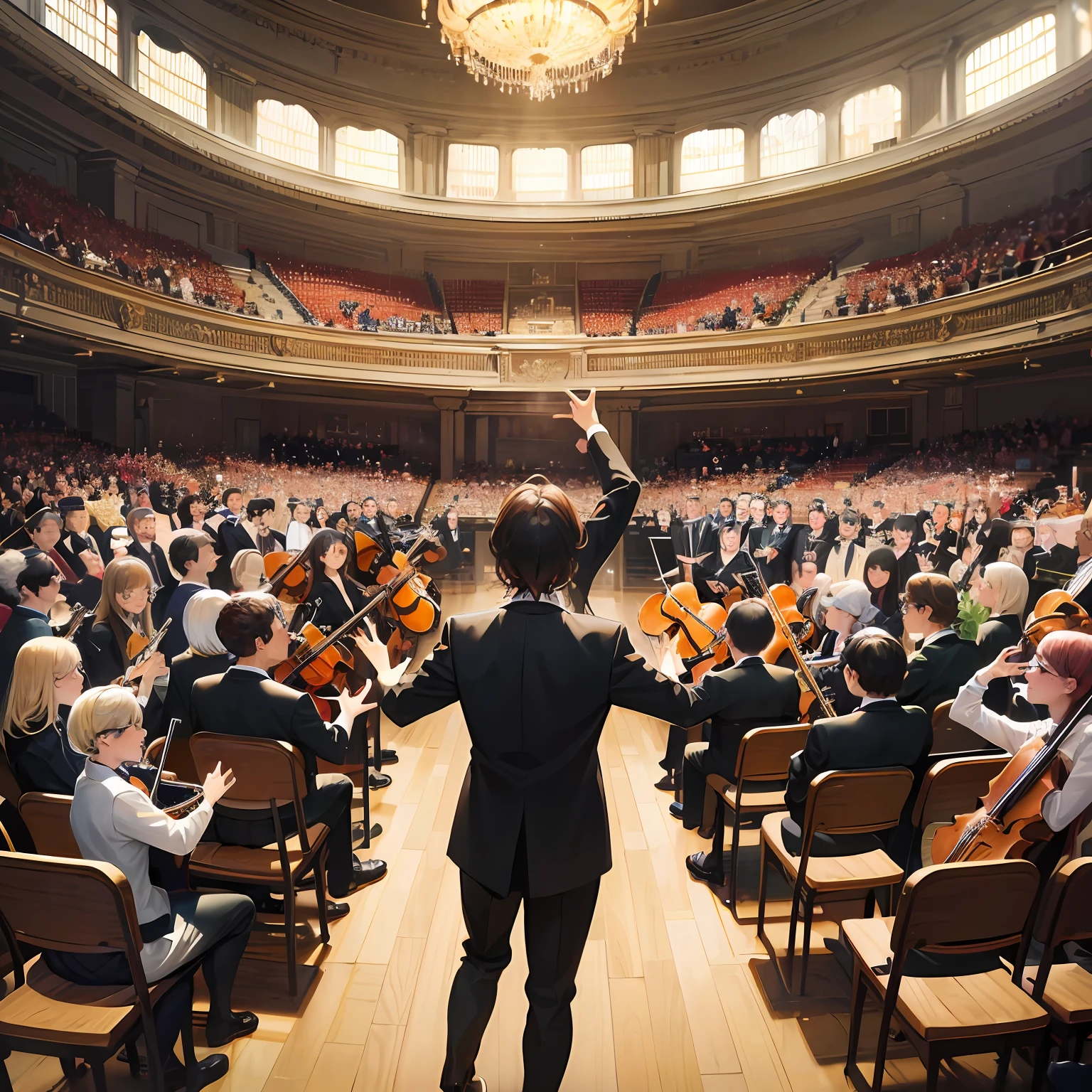 At first I want the presentation of a modern law firm and in parallel a symphony orchestra. O advogado (office owner) will be the conductor of the orchestra. I want a picture of the lawyer showing his office, sector by sector and at the same time showing a symphony orchestra. As it begins to govern the image should show sector by sector of the office (vendas, operacional, administrativo, marketing, call-center) e pessoas tocando os diferentes instrumentos (cordas, percussion, metais). After a minute of performance he must step out of command as conductor and the orchestra must play for half a minute. then it should return to play for another twenty seconds and then the presentation should end with the slogan "In the absence of regency, excellence must be maintained". Put Mozart's Symphony 40 in the background as music --auto