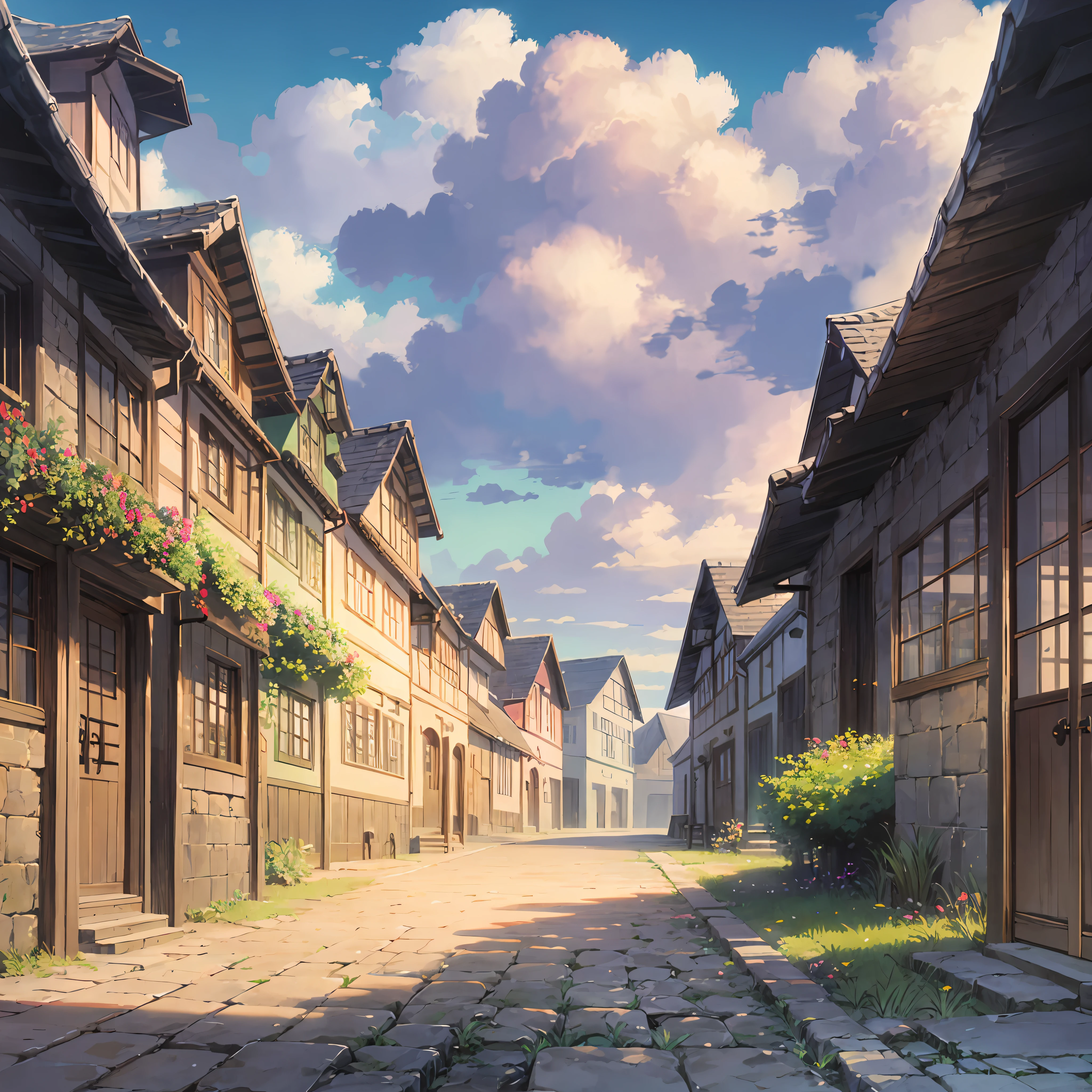 In the style of landscape、Guibli、Sky and clouds、Brush Touch、sky line、light and shadows、Delicate drawing