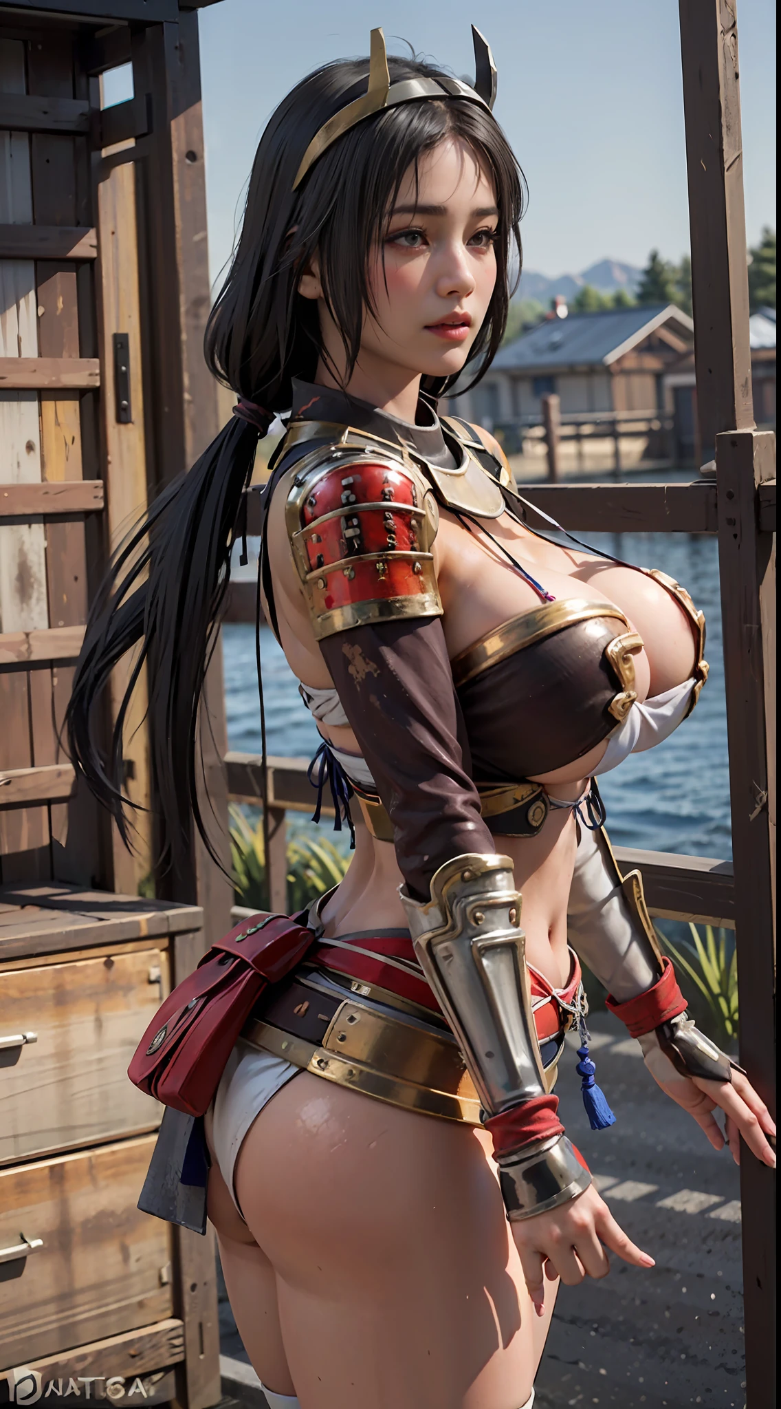 ((Unreal Engine 5)), Realistic Rendering, Excellent, (Full kimono armor), (breastplate armor), (Cloak), (samurai helm), looking on camera, standing on studio, beautiful face, makeup, CGImix, (photorealism:1.2), ultrarealistic uhd face, (huge fake boobs:1.4), (gigantic breasts:1.1), (muscle abs), (big butt), (wide hips), (thick thighs), slim waist, hourglass figure, half body, ((glowing skin)), ((shiny skin)), Realistic body, ((she is sexy body)), ((clean skin)), photorealistic, bokeh, motion blur, masterpiece, highres, 1080P, super detail, textured skin.