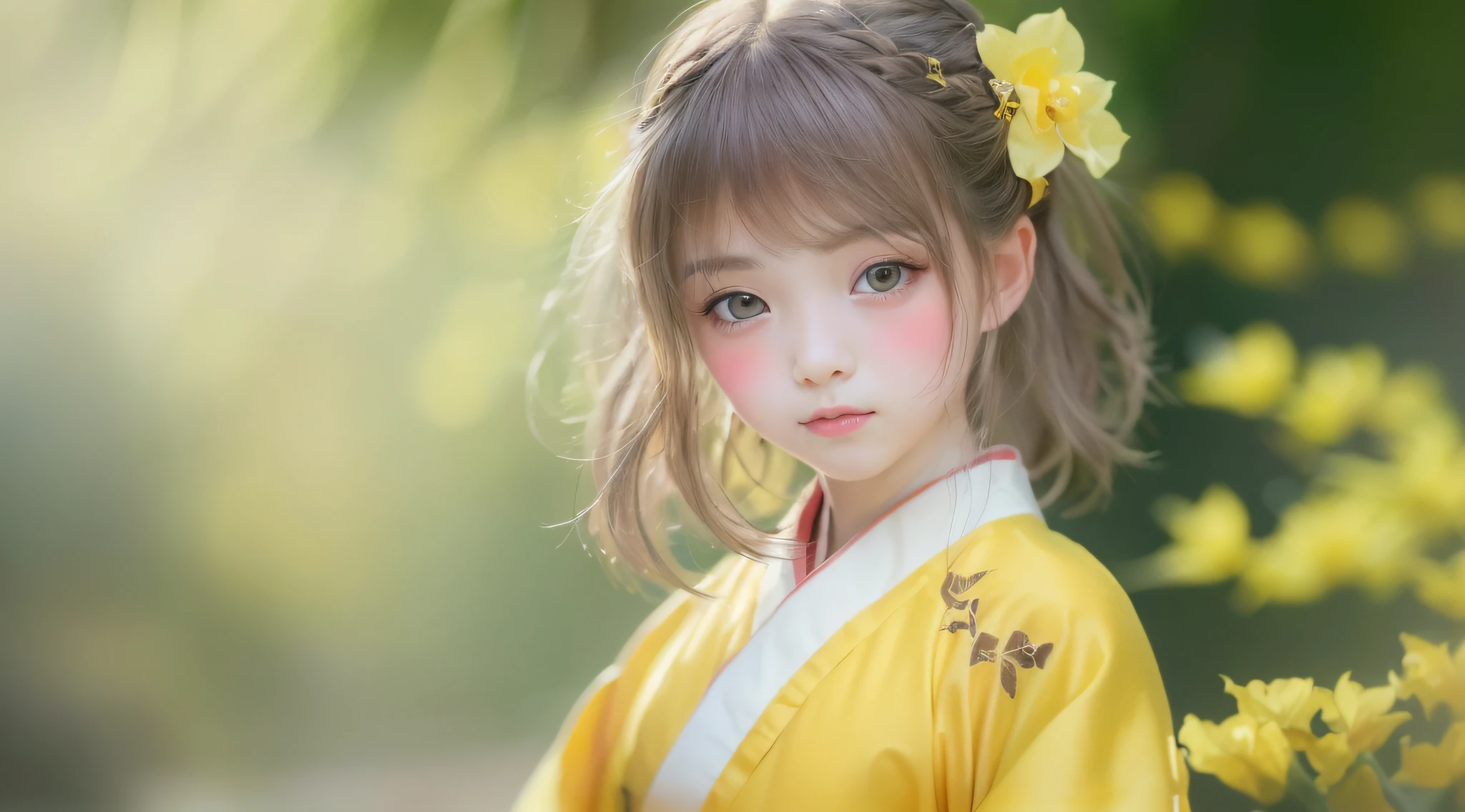 (ultra high res, photorealistic, realistic, best quality, photo-realistic), (highly detailed skin, visible pores), (real person, photography), (((yellow hanfu, Chinese style)))), realistic, YELLOW background, upper body, (8k, raw photo, best quality, masterpiece), (1 girl RUSSIAN BLONDE CHILD PORTRAIT ), photon mapping, radiosity, physics-based rendering, automatic white balance, ((haunting smile, long hair)), watery eyes, (blush|cute and playful|lovely|thin|thick bangs|beauty|twintail|hair bun,),(looking at the viewer),(irises and pupils are rounded,pupil reflects the environment,eyes are not the same size),