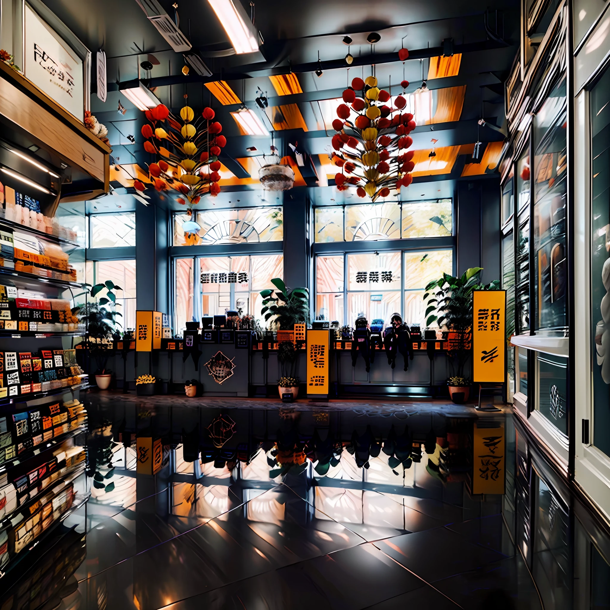 Department store lobby,Elegant and atmospheric, Exquisite decoration, marble floor, High glass ceiling,beautifully lit, Spacious and bright, Beautiful plant decoration。