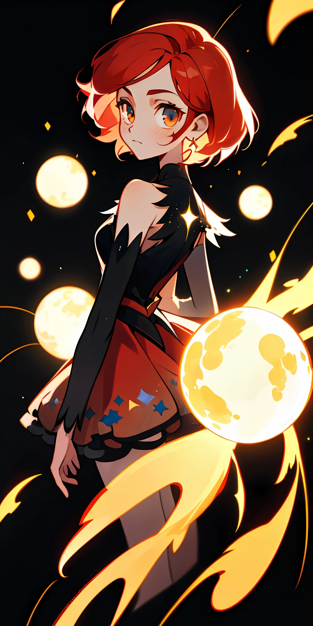 (Best quality at best,tmasterpiece),1girl,galaxias,glitters,shift dresses,Particle,ventania,florals,The upper part of the body,Dark simple background,looking at viewert,Redhead,Than heart,style of the USSR,Turn your back to the Earth