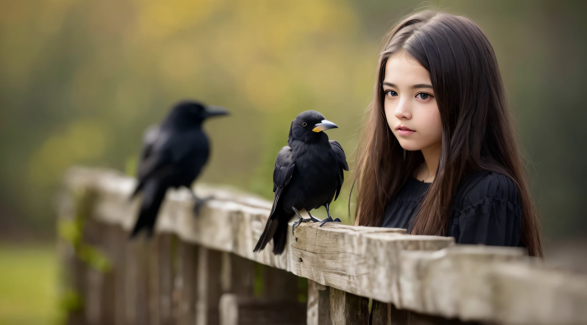 CHILD girl with a black bow and a black dress, girl with dark brown hair, girl with brown hair, black hair ribbons, a beautiful teen-age girl, wearing hair bow, young girl, brown hair and big eyes, half-length photo, photo of young woman, young, beautiful girl, she is about 1 6 years old, there is a black bird sitting on a wooden rail, long shiny thick black beak, closeup of some crows, cute crows, crows as a symbol of death, crow, crow bird, magpie, crow portrait!!!, black crow, dark crow, is looking at a bird, crows, male, crow, beautiful photo, closeup portrait shot, proud looking away, by Paul Bird
