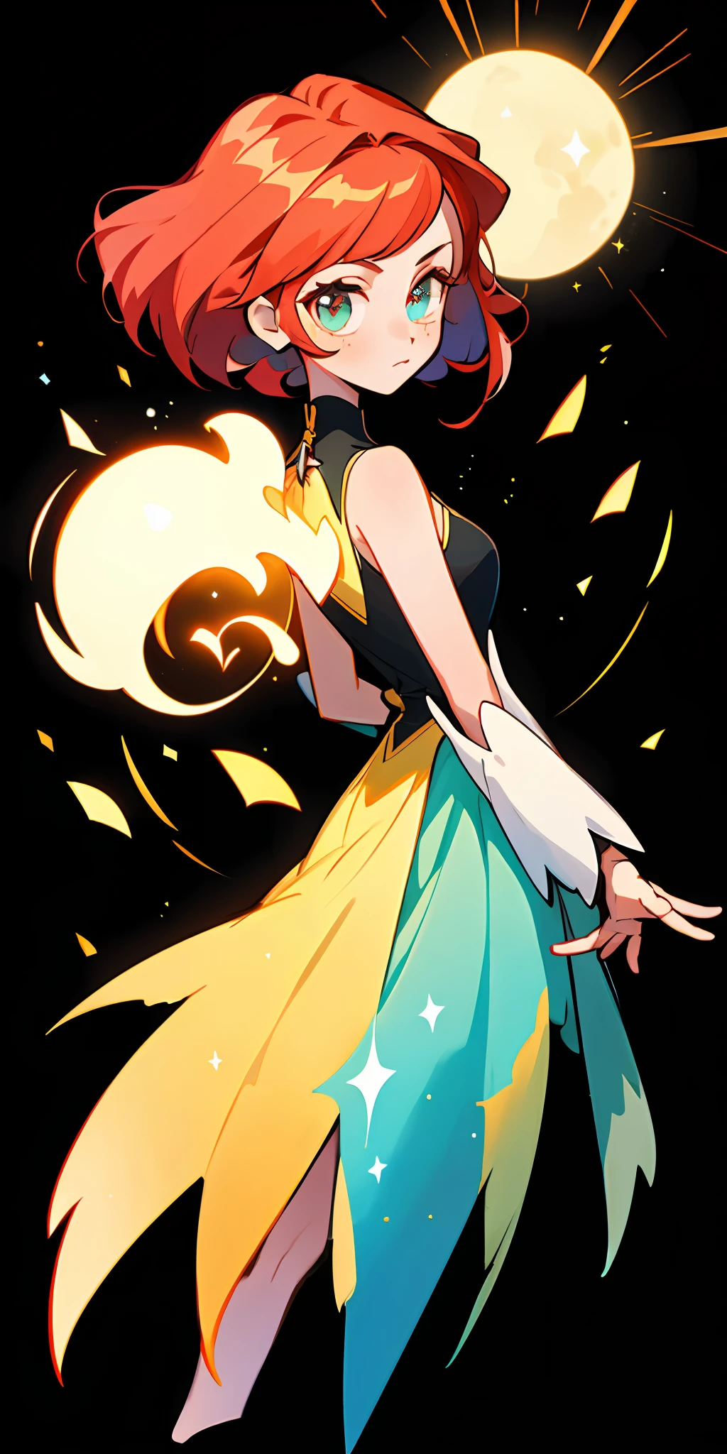 (Best quality at best,tmasterpiece),1girl,galaxias,glitters,shift dresses,Particle,ventania,florals,The upper part of the body,Dark simple background,looking at viewert,Redhead,Than heart,style of the USSR,Turn your back to the Earth
