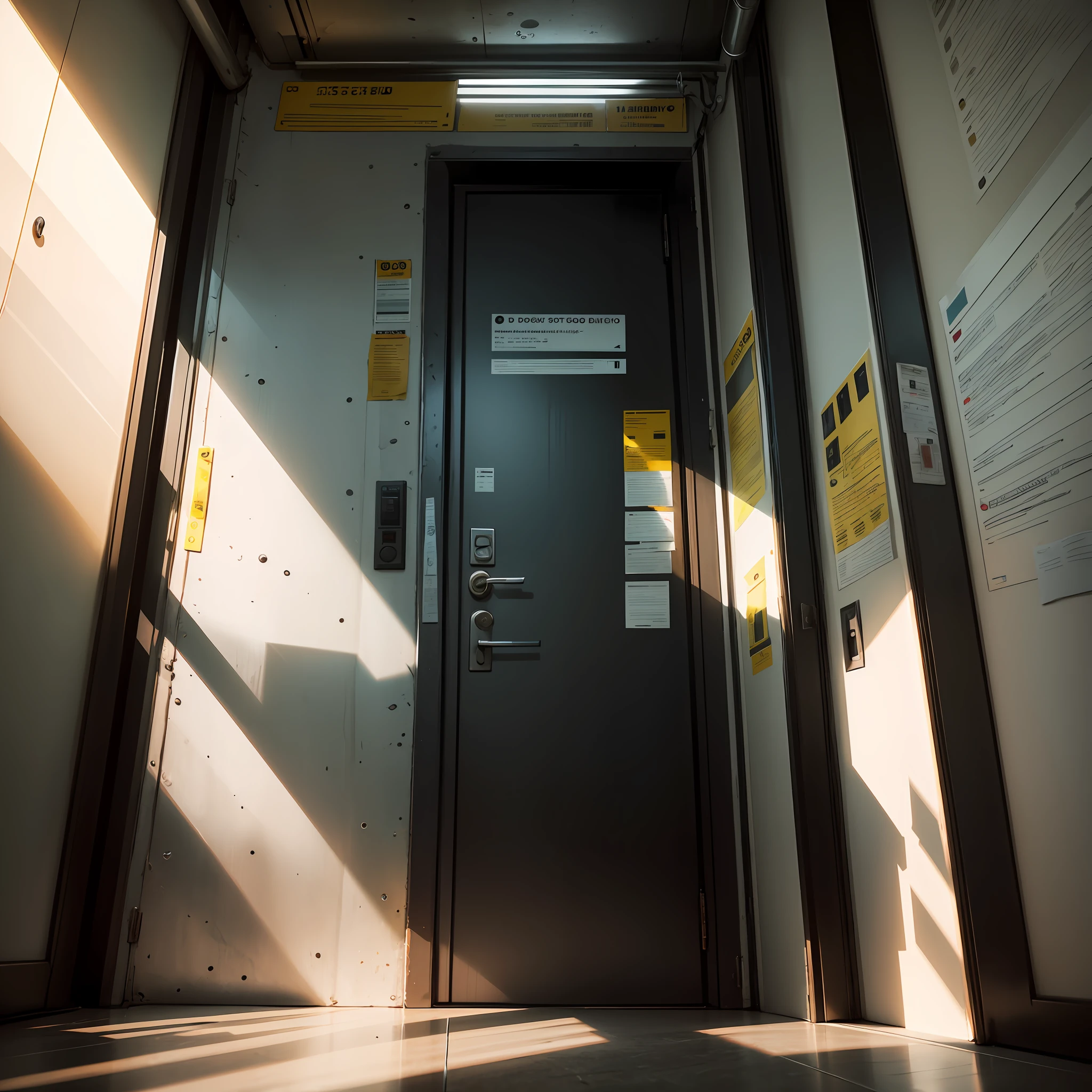 (Elevator,Dark gray metallic texture,Light and shadow interlace,Dim lighting,Metal buttons,Fuzzy reflections,Rest,Realistic details,Compact space,Floor indicator,Safety signs,Slight mechanical sound,Safety guardrails,Vertical ascent,Comfort,Quick action)