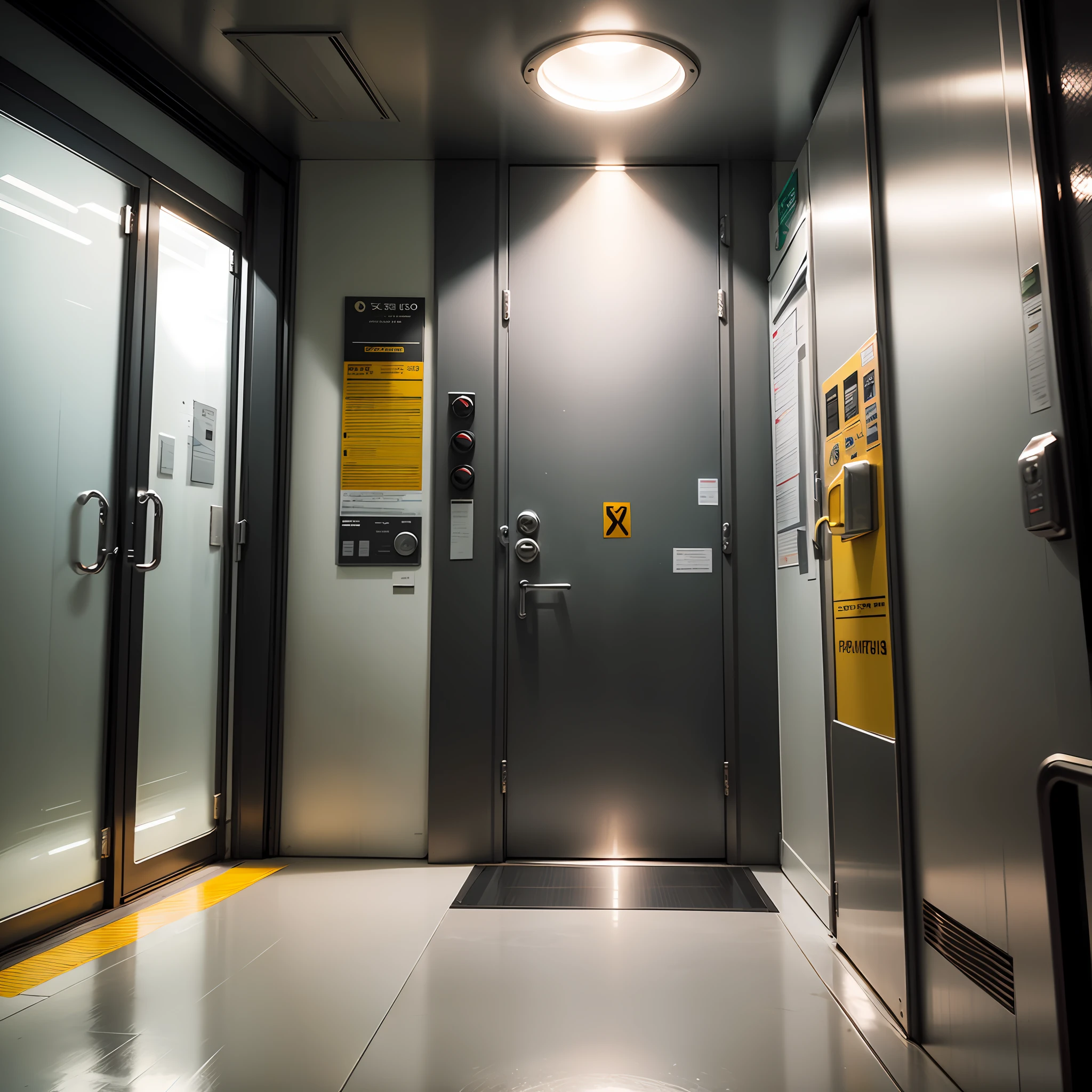 （Elevator，Dark gray metallic texture，Light and shadow interlace，Dim lighting，Metal buttons，Fuzzy reflections，Rest，Realistic details，Compact space，Floor indicator，Safety signs，Slight mechanical sound，Safety guardrails，Vertical ascent，Comfort，Quick action）