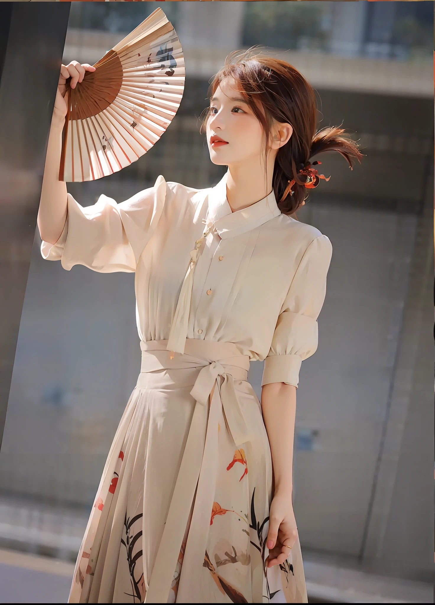 Alafi woman in white dress holding fan and fan, White Hanfu, elegant slim beige shirt, Traditional Chinese clothing, elegant japanese woman, korean women's fashion model, pale and coloured kimono, Japanese clothes, Chinese dress, long beautiful flowing kimono, Hanfu, bae suzy, dressed with long fluent clothes, Cheongsam, with acient chinese clothes