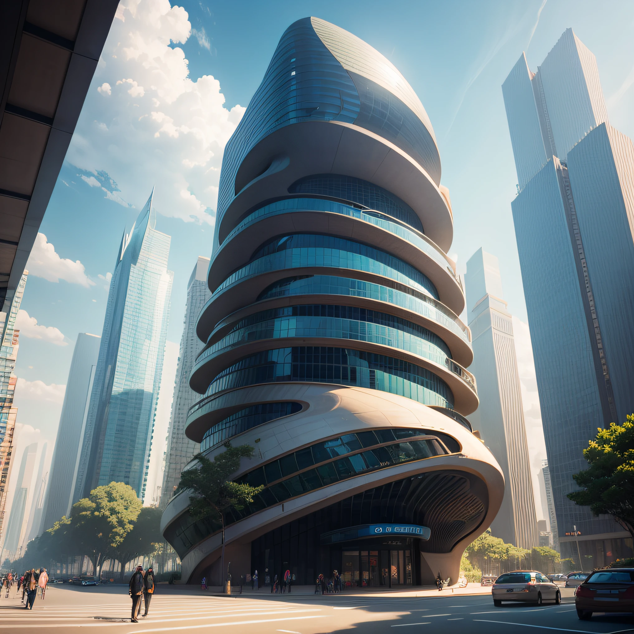 Strange shaped buildings,Realistic style,Characterful,curves,radian,towering,In the middle of the city,Skysky,baiyun,and the sun was shining brightly
