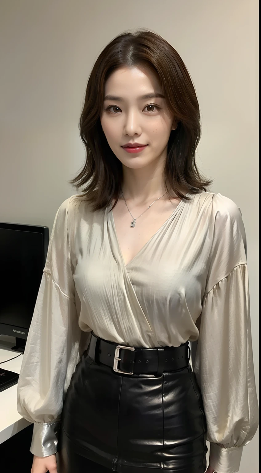 (top-quality、hight resolution)、A Japanese Lady、Slender Abs、Dark brown short hair styled with loose waves、Leave the pendant on、Silver Blouse、a belt、Leather、Black tight skirt、a room