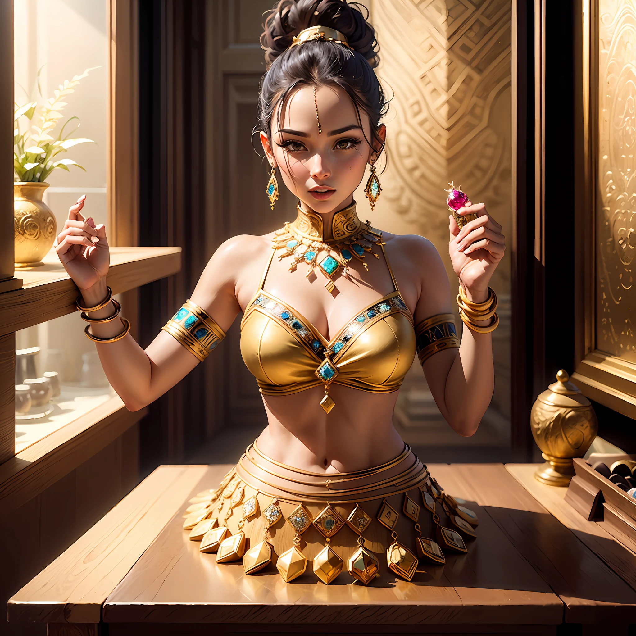(((Jewelry counter))), high high quality, Exquisite and delicate,Splendid and gorgeous,Warm light,Reflective sparkling jewelry,brilliant colorful,Very textured,A sense of luxury,Meticulous textures and carvings,Fine relief,Gorgeous décor,Exquisite jewelry display stand,gold background, Mayan elements,Peruvian style details.