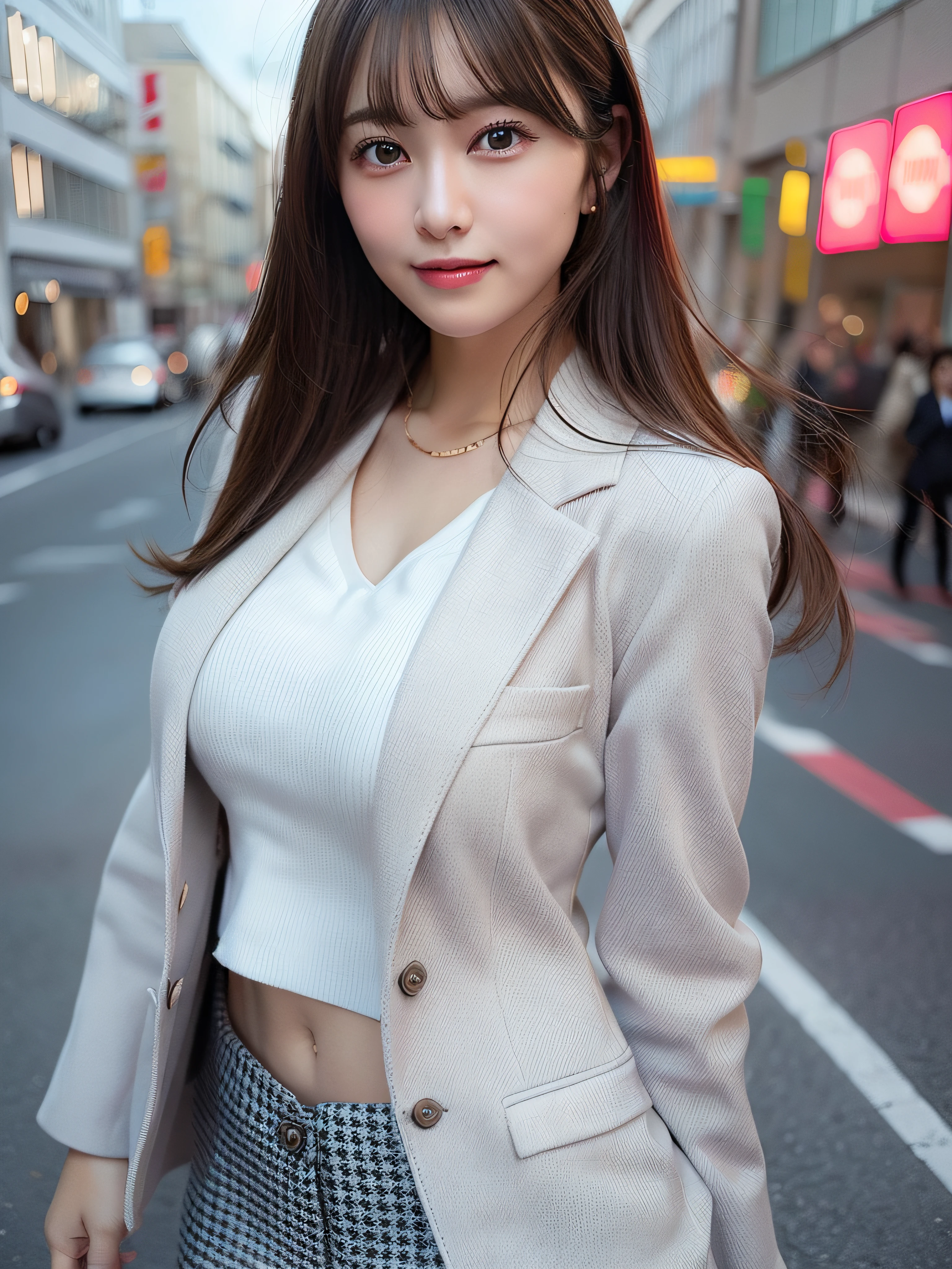 Woman wearing office casual、In the street、Jacket Suit、Navel Ejection、jaket、high-heels、fullllbody、top-quality、ultra-detailliert、超A high resolution、(Photorealsitic:1.8)、Saika 1、Erotic face、looking at the viewers、a smile、natural soft light、huge tit