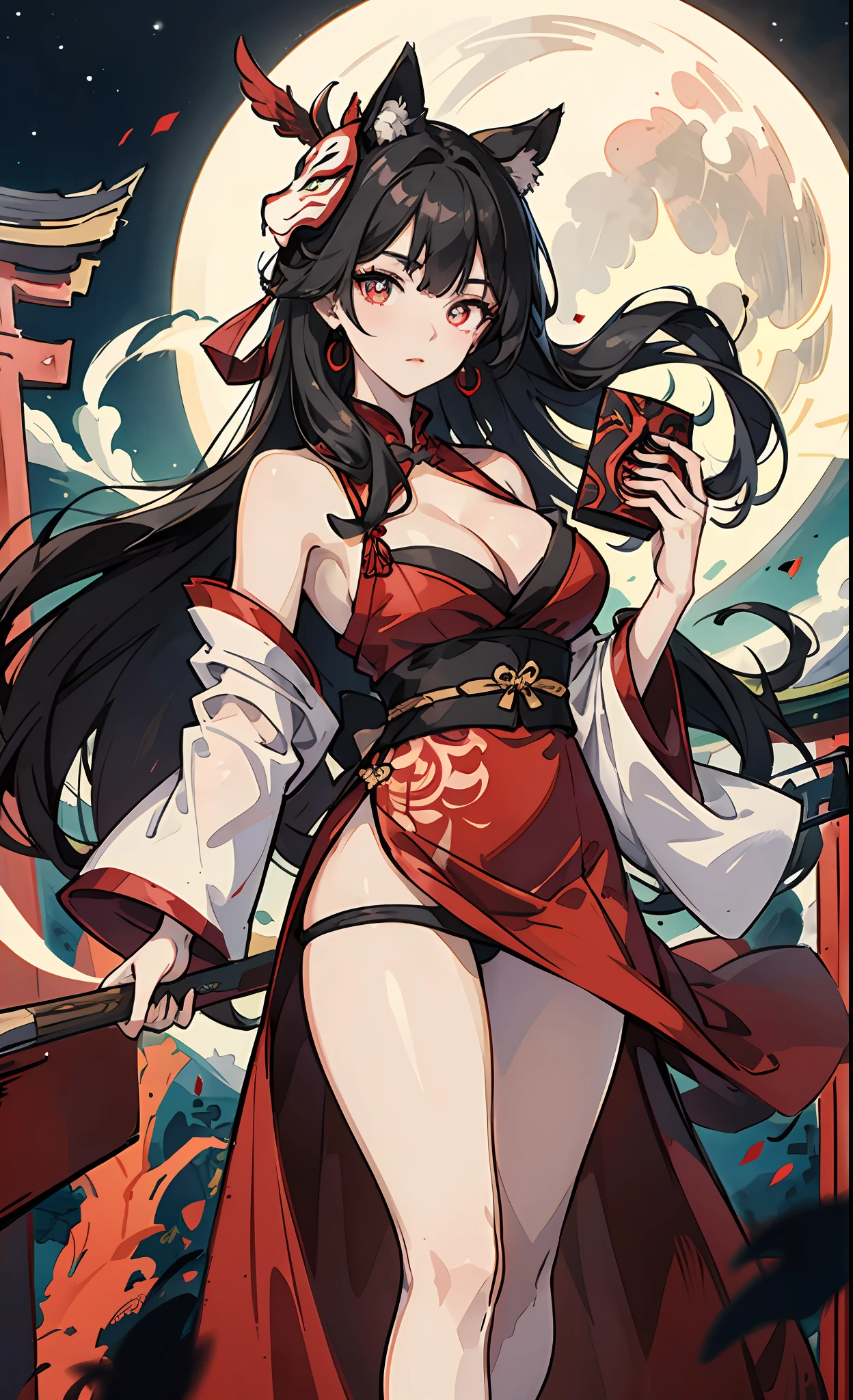 A 、A dark-haired、floting hair、Delicat eyes、red pupils、cleathe breast、thighhs thighs thighs、white panty、Red torii gax mask、natta、a moon、heroine、black and red a damask Hanfu、FOV、f1.8、​masterpiece、complex scenes、Gorgeous portrait shots