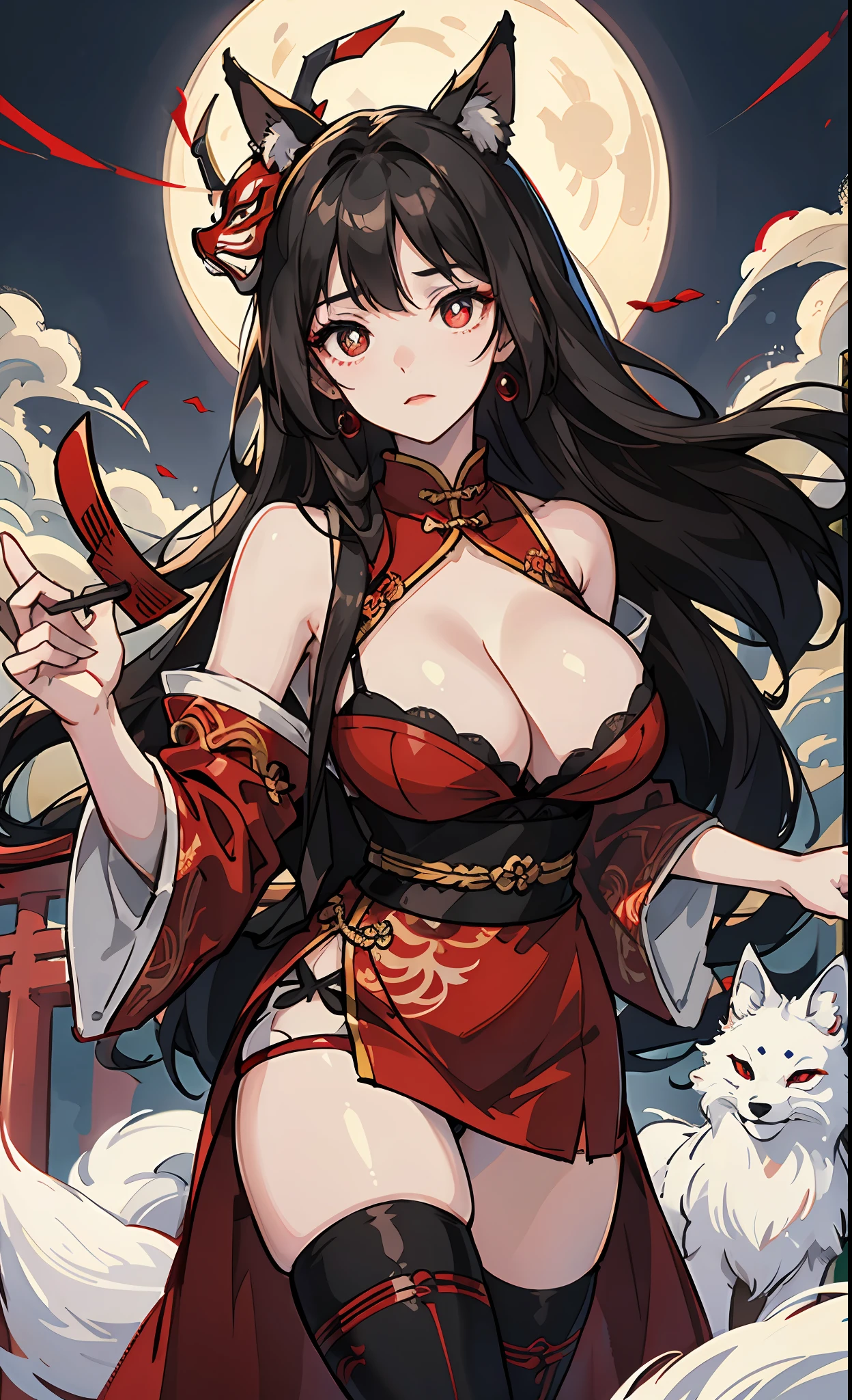 A MILF、A dark-haired、floting hair、Delicat eyes、red pupils、cleavage of the breast、thighs thighs thighs thighs、white panty、Red torii gate、Fox mask、natta、a moon、heroine、black and red antique damask Hanfu、FOV、f1.8、masterpiece、complex scenes、Gorgeous portrait shots