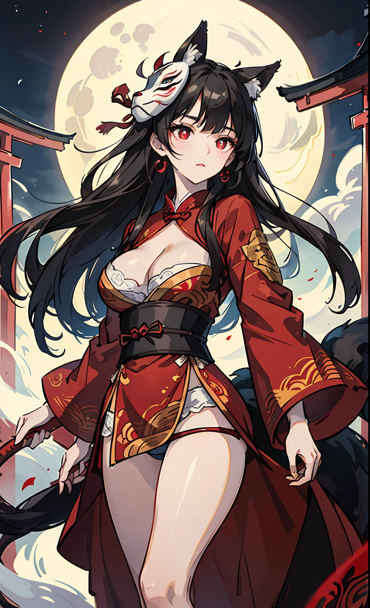A MILF、A dark-haired、floting hair、Delicat eyes、red pupils、cleavage of the breast、thighs thighs thighs thighs、white panty、Red torii gate、Fox mask、natta、a moon、heroine、black and red antique damask Hanfu、FOV、f1.8、masterpiece、complex scenes、Gorgeous portrait shots