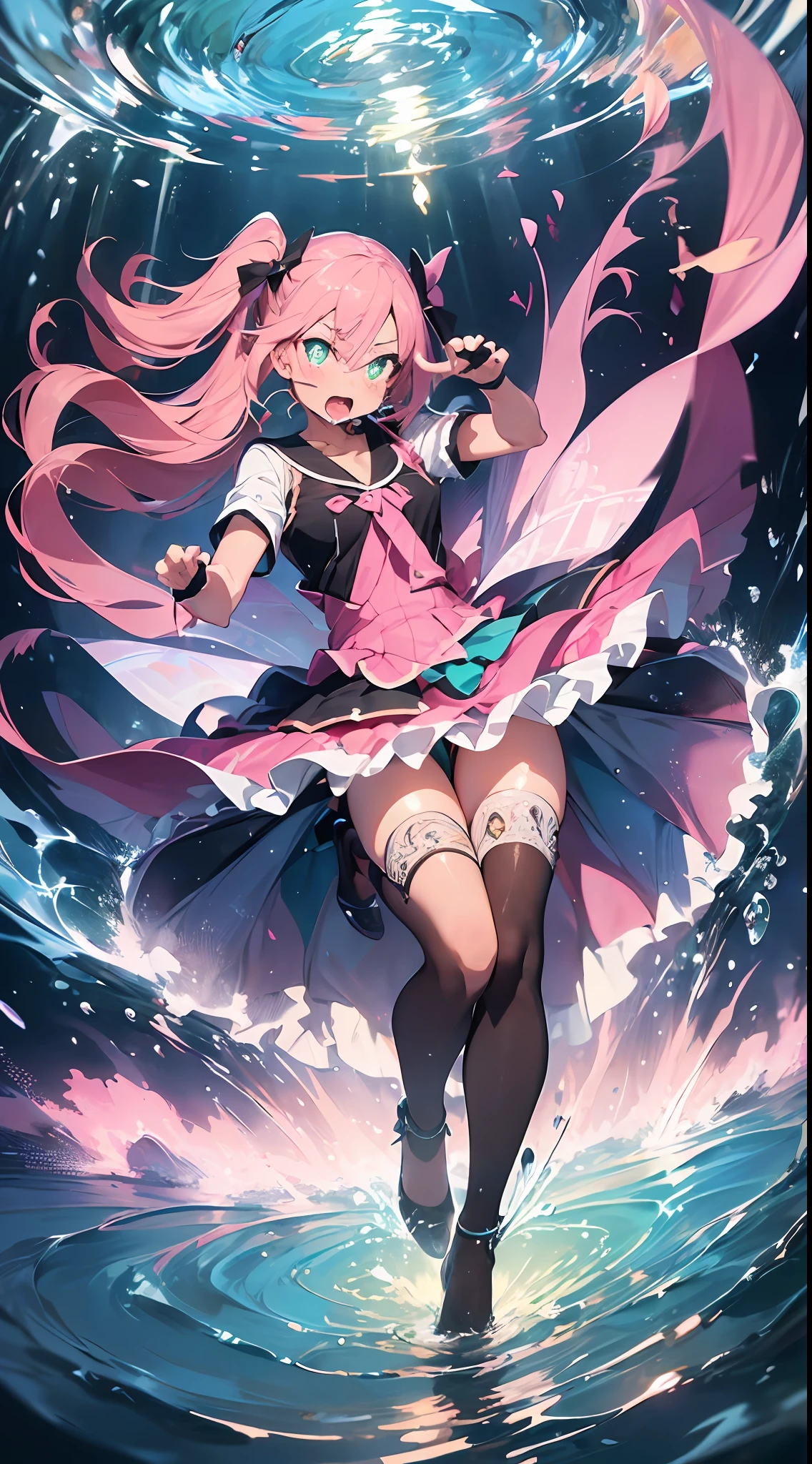(Vibrant attack action:2)(((masutepiece))),((ultra-detailliert,Best Quality, hight resolution, 8K Wallpaper, Beautiful clothes,)),fullllbody,Fulll body Shot (1 girl)((Pink hair, Long hair,Straight hair,two side up)) (Green eyes),eyeshadows, eye line,gloweyes, ultradetailed eyes, intricate eyes, Beautiful eyes, ((Glowing pink pupils))18-year-old girl. Wearing Pretty Cure Clothes.(In Pretty Cure Style)Water breathing、kick.high-heels(black backgrounds:2)Water Magic Circle、water magic、Manipulating water