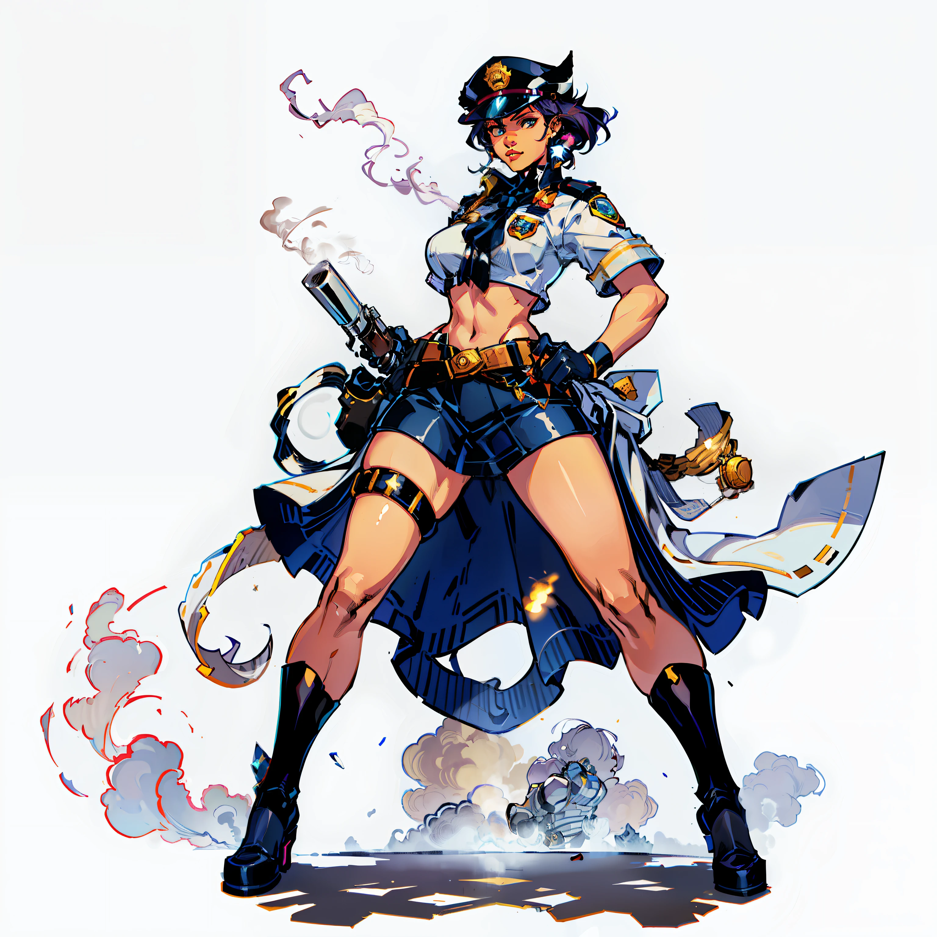 police officers, White background, No background, Full body shot, femele, smoking tobacco, Western Police, Guns in both hands, Wearing a star badge, cow girl, One person