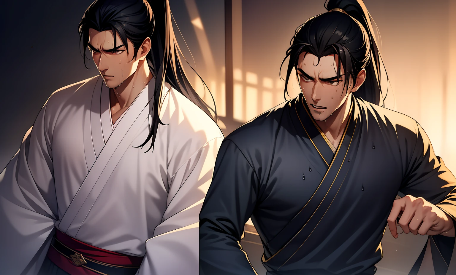 Two-dimensional, anime style, man (male warrior), muscle, correct proportions, face details, martial arts, high ponytail hairstyle, sweating, sweaty face, drooling, neck details, with Adam's apple, wet, wet, Hanfu costume, long robe, embroidered robe, dragon robe, clothing details, collar, long sleeves, game quality, swordsman demeanor, light and shadow tracing, ray tracing, detail glow, CG rendering, hair details, long black hair, golden eyes, sweaty face, handsome, handsome, sweat beads slipping down the neck, (juvenile feeling), complex clothing, wet, wet, perfect composition, refinement, high quality, more details, a lot of details, complex background, atmosphere,