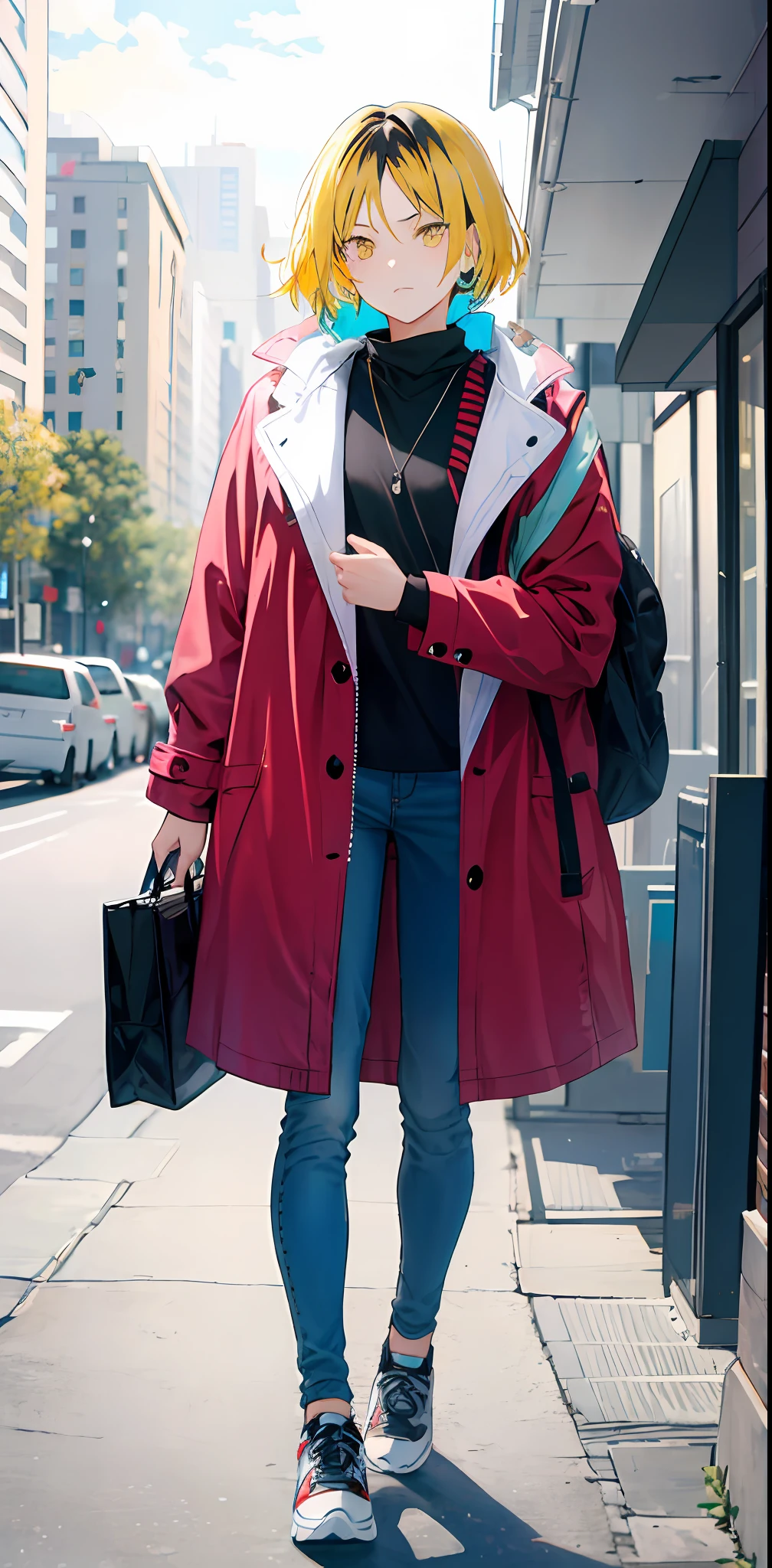 Best Quality, extra high resolution, 1 girl, 独奏, upper-body, skye, City, Street, Yellow hair, (turquoise eyes: 0.5), stylish, off-the-shoulder, Oversized coat, (kenma haircut:1)