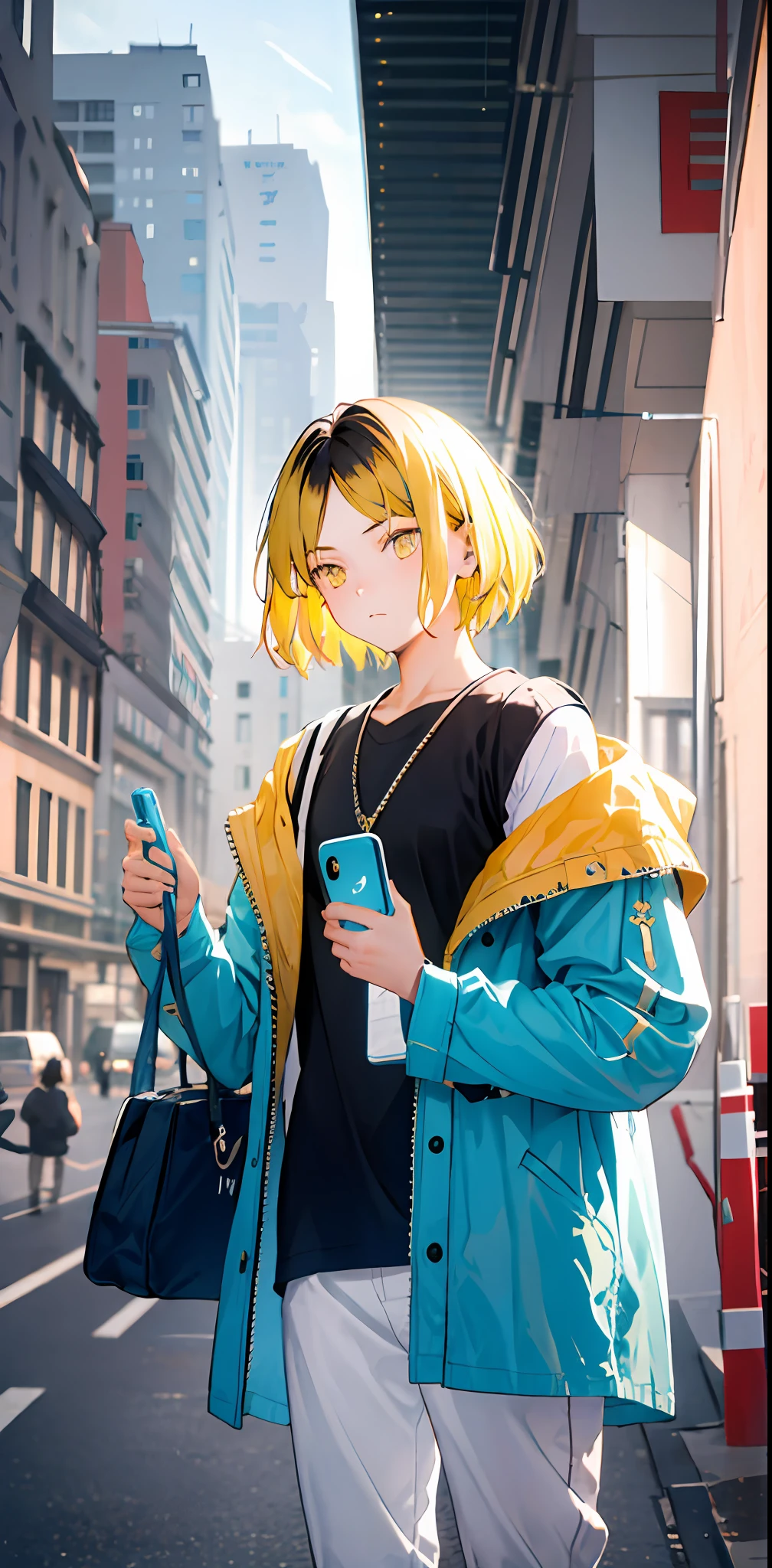 Best Quality, extra high resolution, 1 girl, 独奏, upper-body, skye, City, Street, Yellow hair, (turquoise eyes: 0.5), stylish, off-the-shoulder, Oversized coat, (kenma haircut:1)