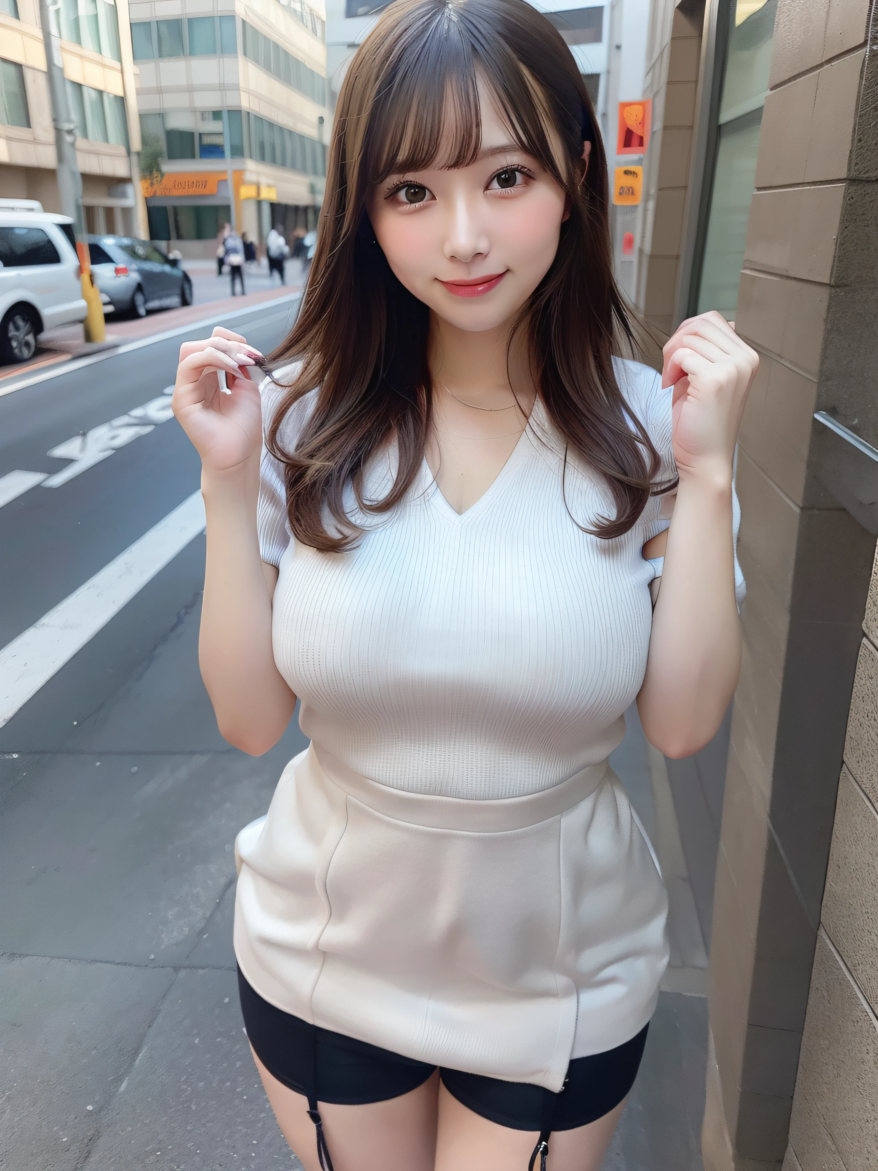 Woman wearing office casual、In the street、tight skirts、panty lines、fullllbody、top-quality、ultra-detailliert、超A high resolution、(Photorealsitic:1.8)、Saika 1、Erotic face、Turn around、a smile、natural soft light、huge tit