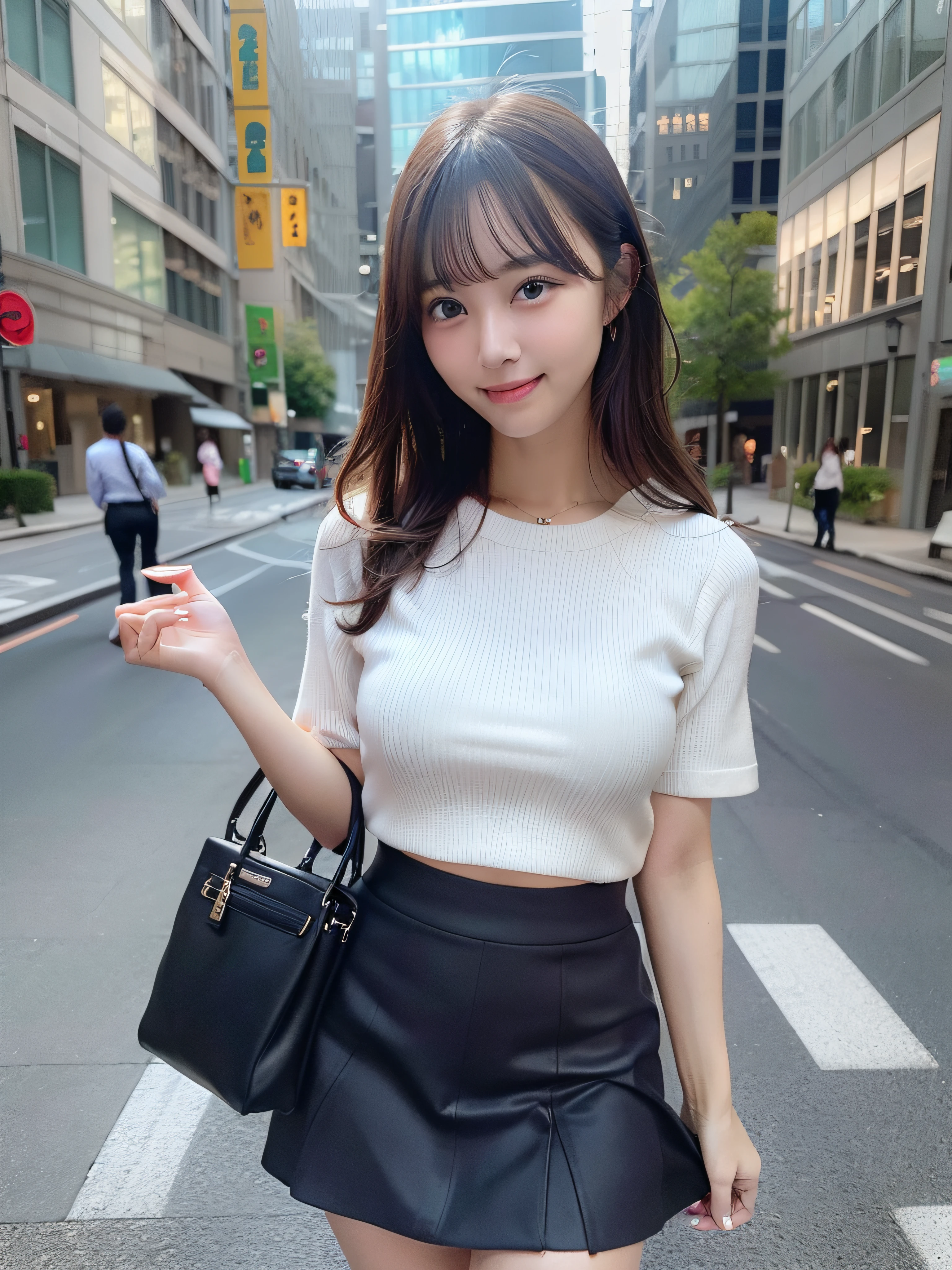 Woman wearing office casual、In the street、tight skirts、panty lines、fullllbody、top-quality、ultra-detailliert、超A high resolution、(Photorealsitic:1.8)、Saika 1、Erotic face、Turn around、a smile、natural soft light、huge tit