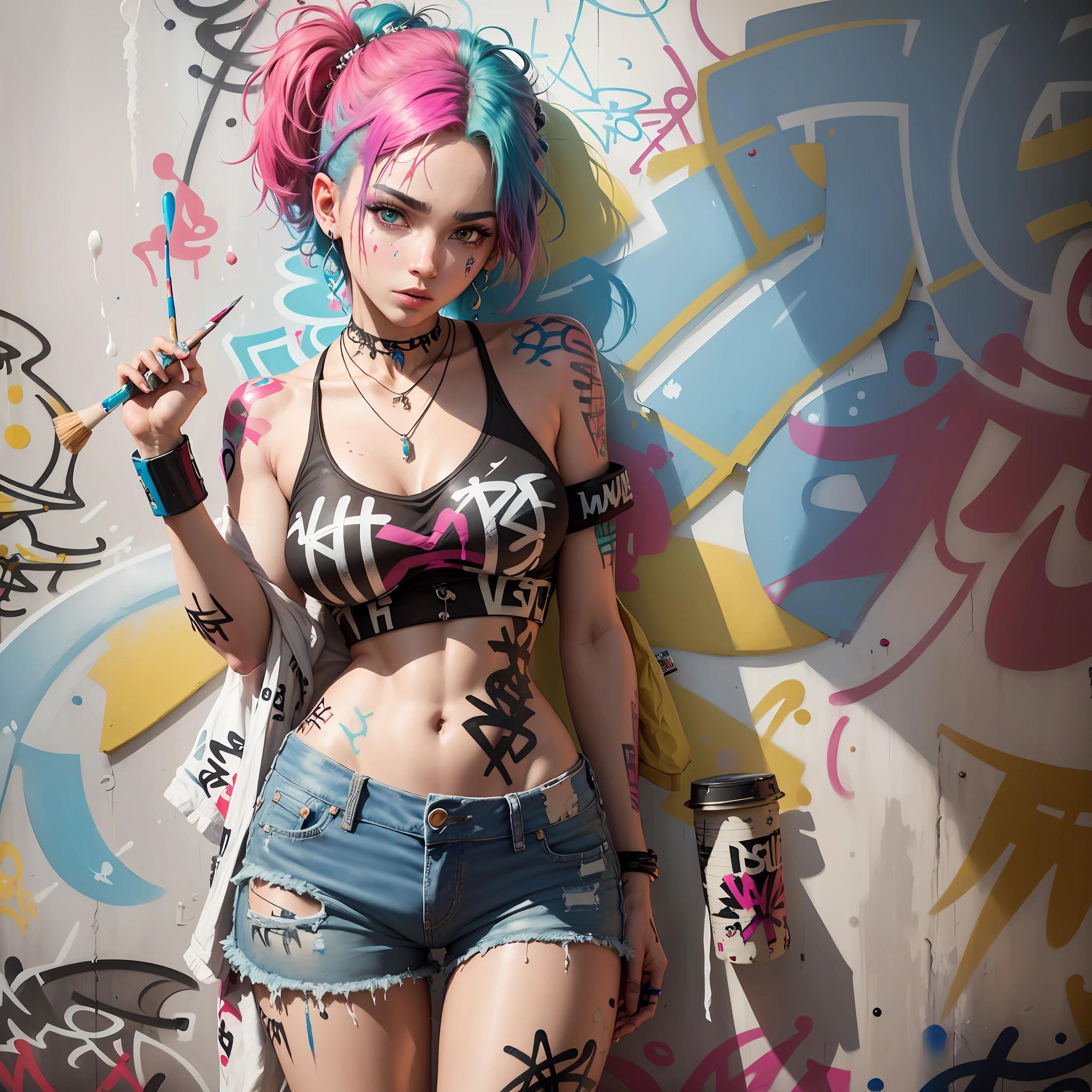 Masterpiece, best quality, realistic, 1 girl, solo, crop top , denim shorts, necklace, (graffiti:1.5), paint splash, behind arm, against a wall, looking at the audience, armbands, thigh straps, paint on body, head tilt, boredom, multicolored hair, aqua eyes, --auto