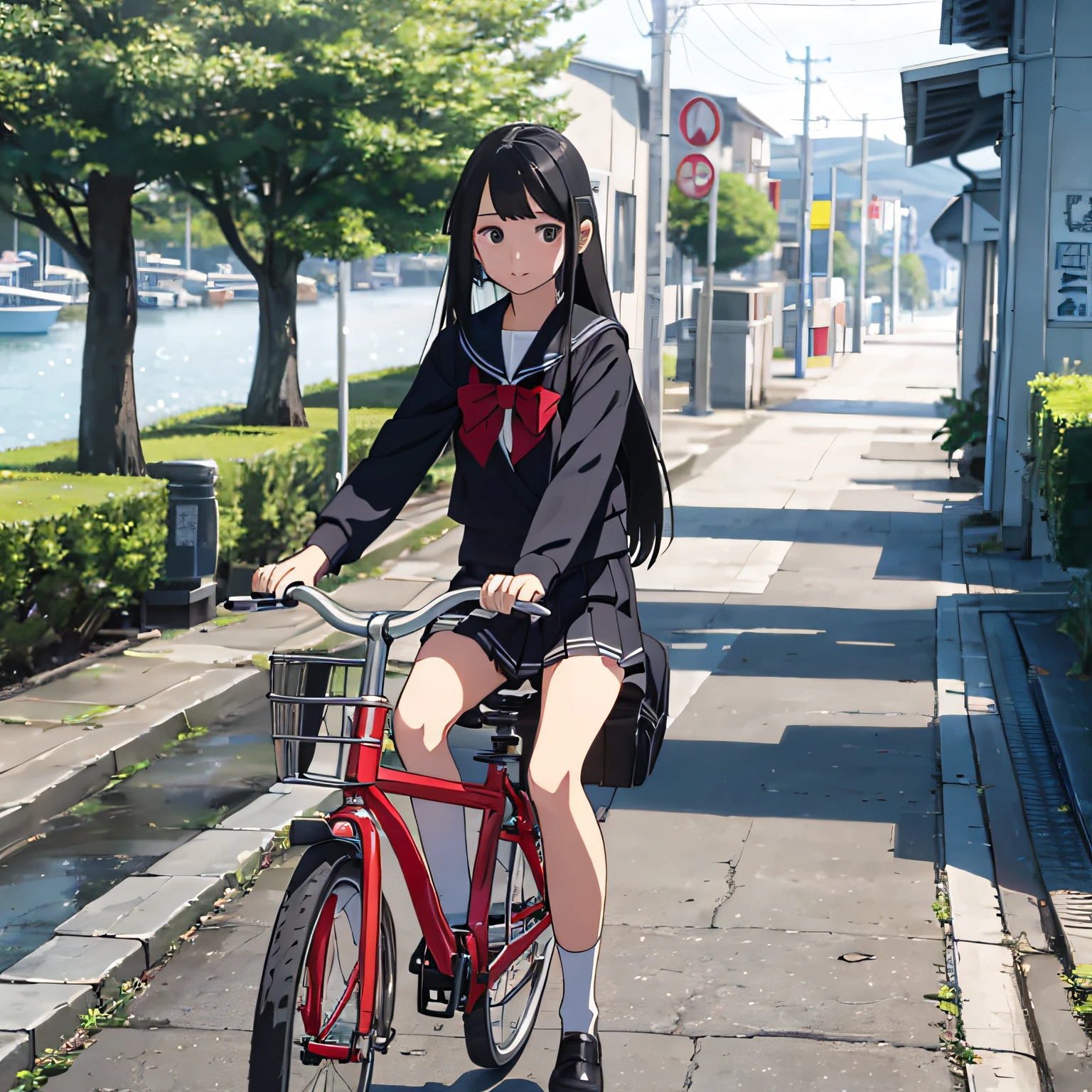 Long black hair、a beauty girl、ar old、bicycle、a sailor suit、realisitic、School route --auto
