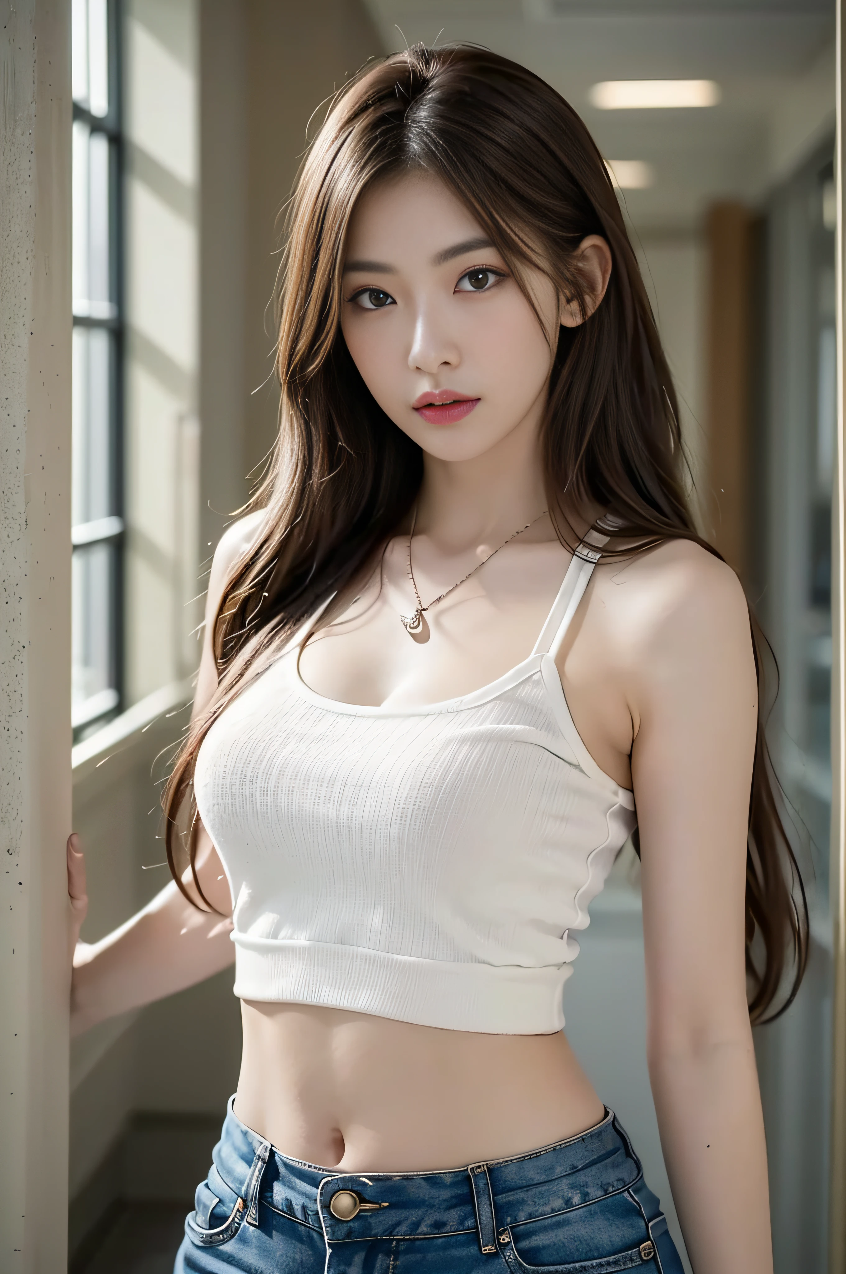 ((Realistic lighting、top-quality、8K、masterpiece:1.3))、Clear focus:1.2、girl with、perfectbodybeauty:1.4、Slim abs:1.1、((dark brown hair、Big:1.3))、(Acceleration:1.4)、Street、tall、Slender face、Narrow-eyes、二重まぶた、Swaying hair、Exposed cleavage、white tank tops、Super Miniskirt、a necklace、Navel Ejection、