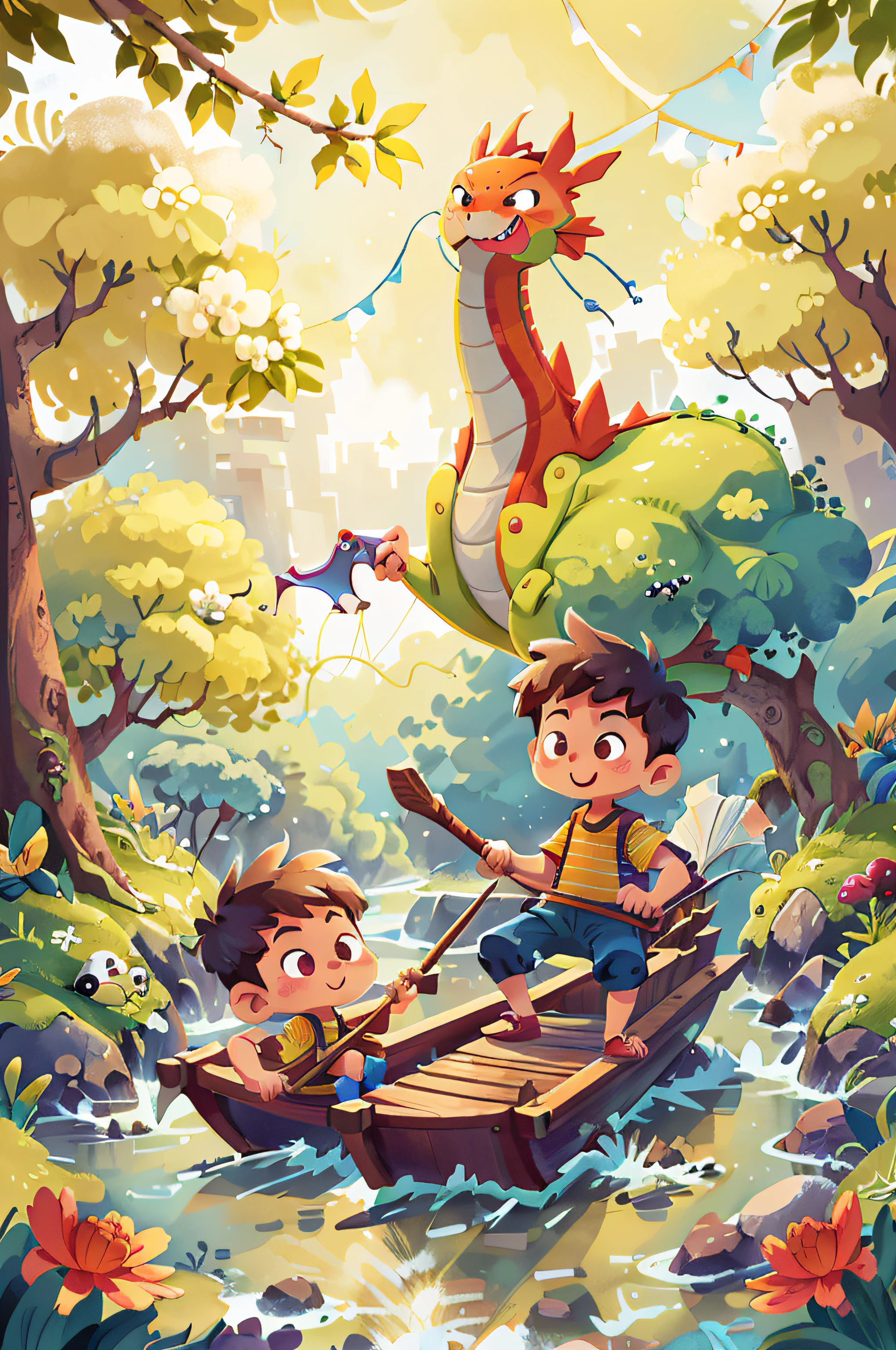 Poster design, (SFW), two rowing boys, Chinese dragon, spring outing, happy, background is a small river interspersed in Chinese street, perfect quality, clear focus, colorful, perfect face, intricate details, ultra-low viewing angle, wide angle lens, happy