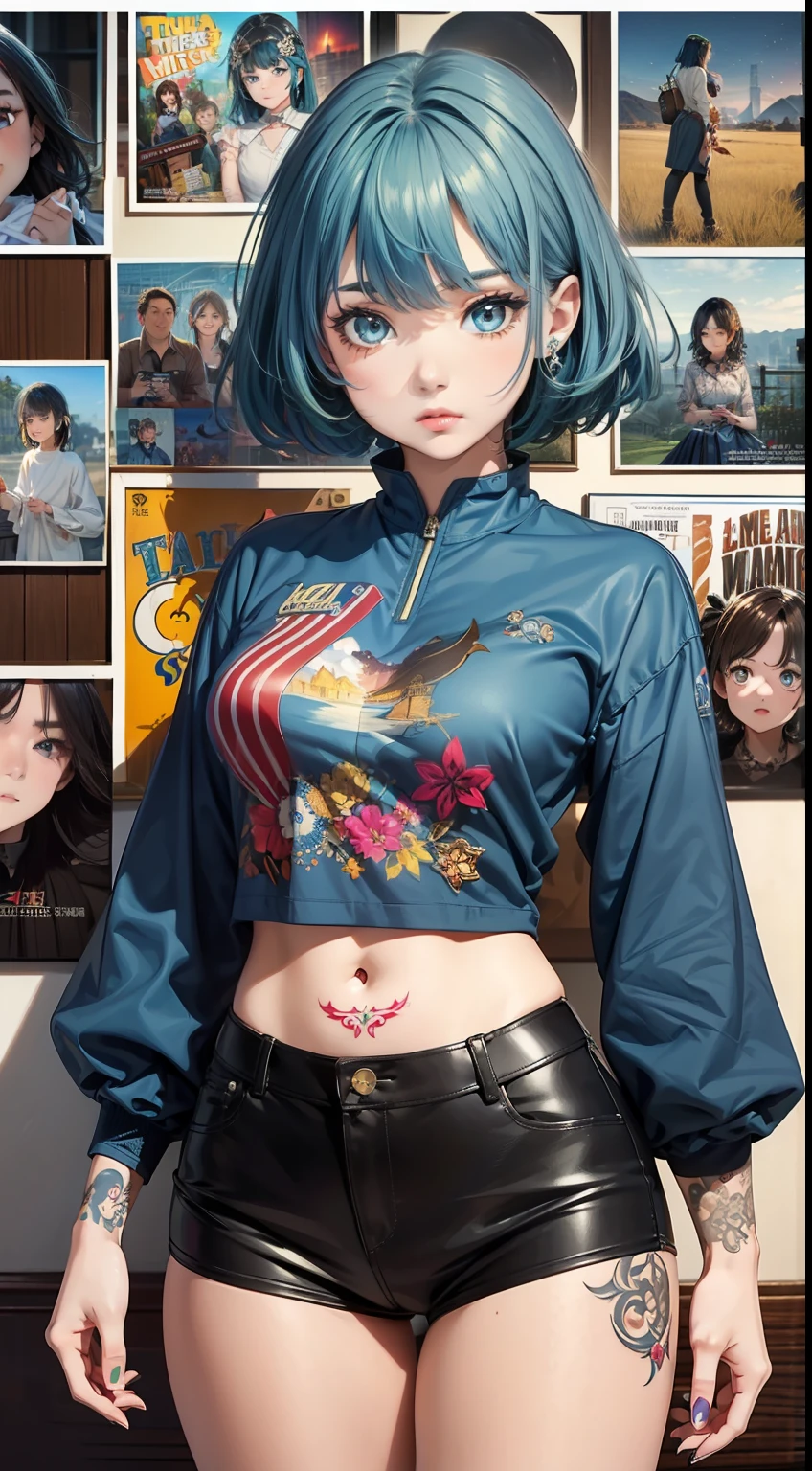 (masterpiece:1.3)、(top-quality)、(in 8K,4K),(Intricate details)、reallistic、(1girl in:1.8)、独奏、((Big Size Blue Shirt、JINS))、20yr old、short-cut、Green hair、eyes are brown、((Theater Circle))、Active、Height 162cm、slim figure,(Tattoo of diamonds:1.2)、 My hobby is watching movies.,Posters of your favorite movies on the wall、Interested in musicals、I like the late night air