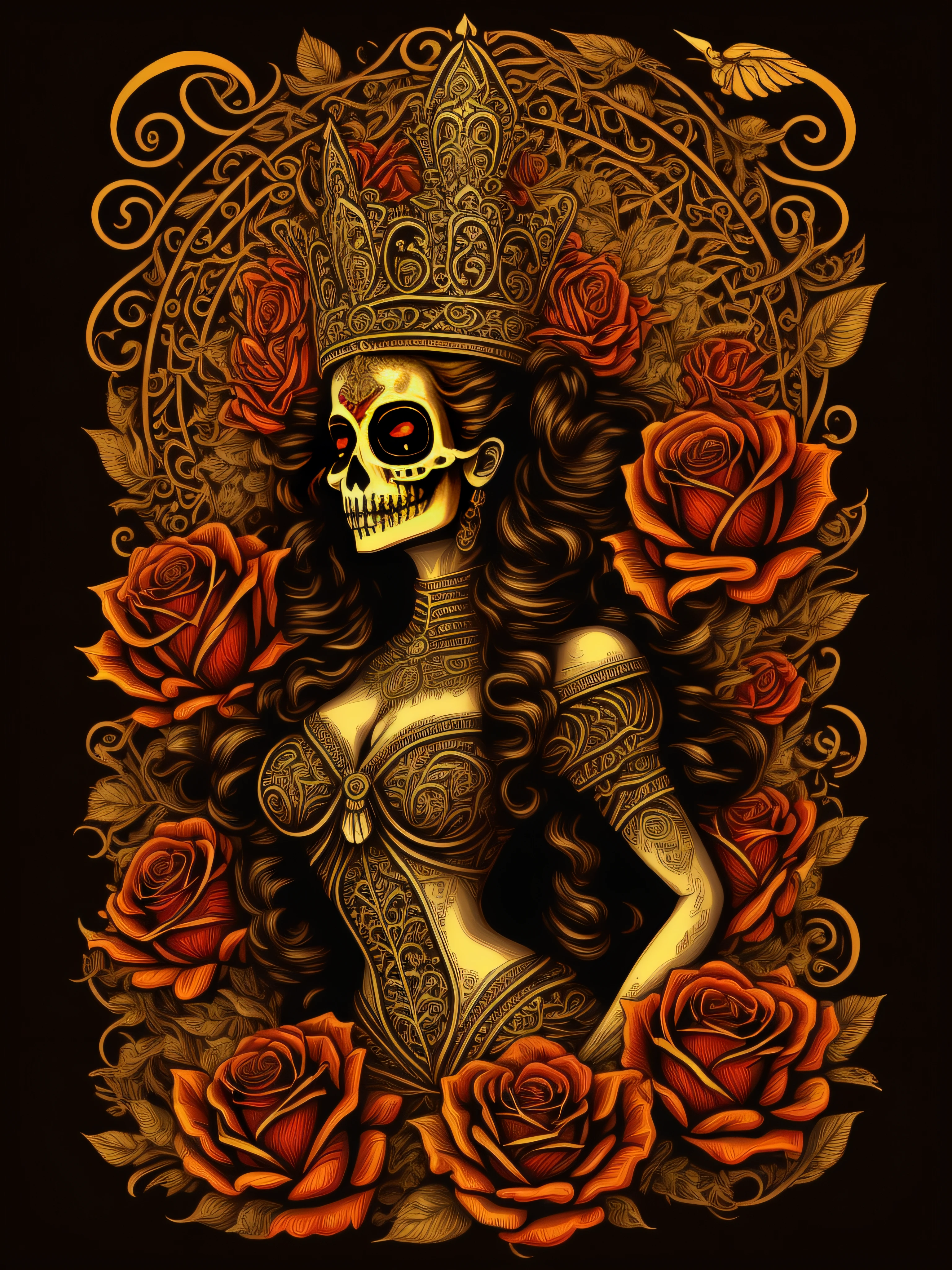 (High quality Chicano airbrush art),(masterpiece, best quality, ultra-detailed),ultra-detailed,8K resorution,(full-length portrait),(black background),(symmetrical),(Vertical symmetry),(ultra-detailed skull face),((virgin mary, saint skeleton queen, la catrina)),((brightly colored)),t-shirt design,large Roses symmetrically placed on both sides,(religious symbolism),(inspired by Holy Mary, Queen of Skulls, Lactreina, and Queen of the Dead, Lavi Zupa),(detailed additions),(iconography),(Lavi Zupa:1.2),high contrast