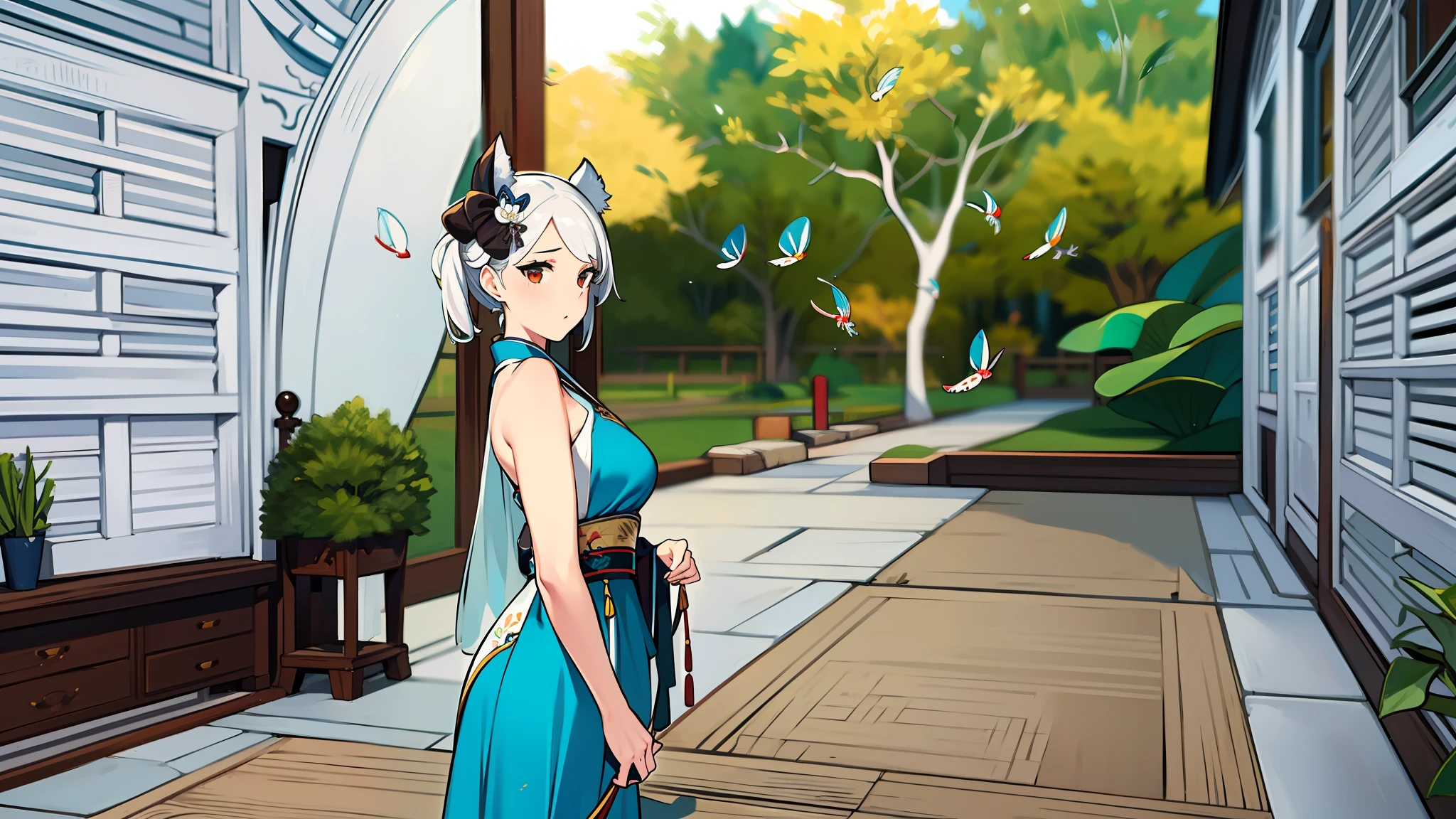 ((4k,masterpiece,best quality)), shuimobysim, Chinese painting, lotus, hanfu, maxiskit, dressed conservative 1 girl, solo, white hair, long hair, fox ears, white, bikini, fish, many fish close to the girl, looking at the audience, teasing