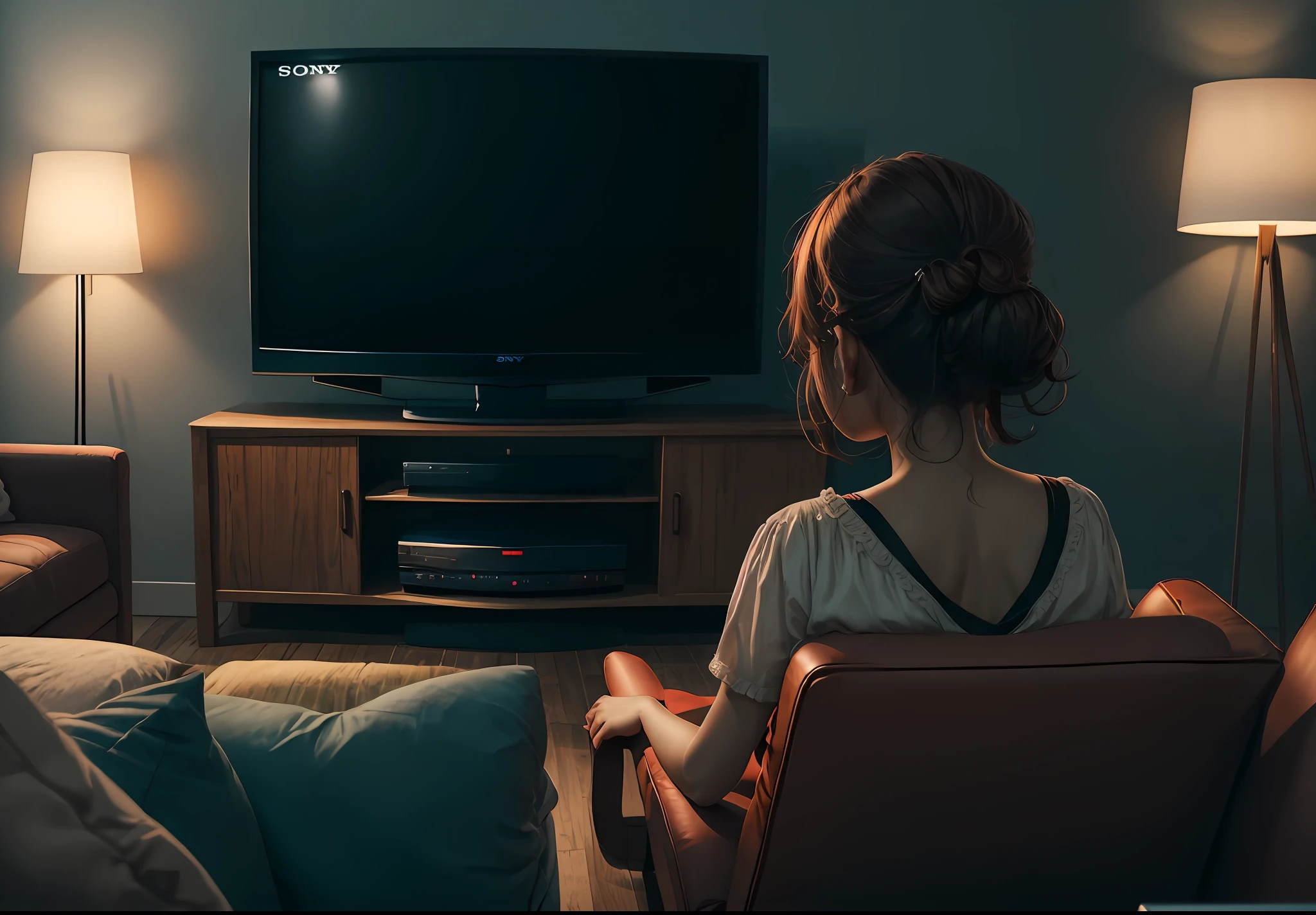 HD Sony TV,Watching TV,Photorealsitic,Photographic grade,A girl's back sits on a couch watching TV --auto