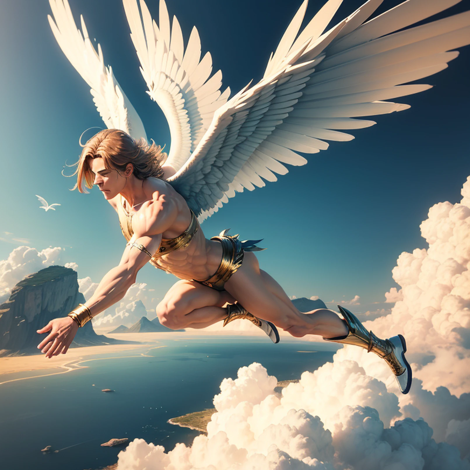 Create an illustration of Icarus, the character from Greek mythology, flying with artificial wings. Please depict the wings as if they were melting like wax. --auto