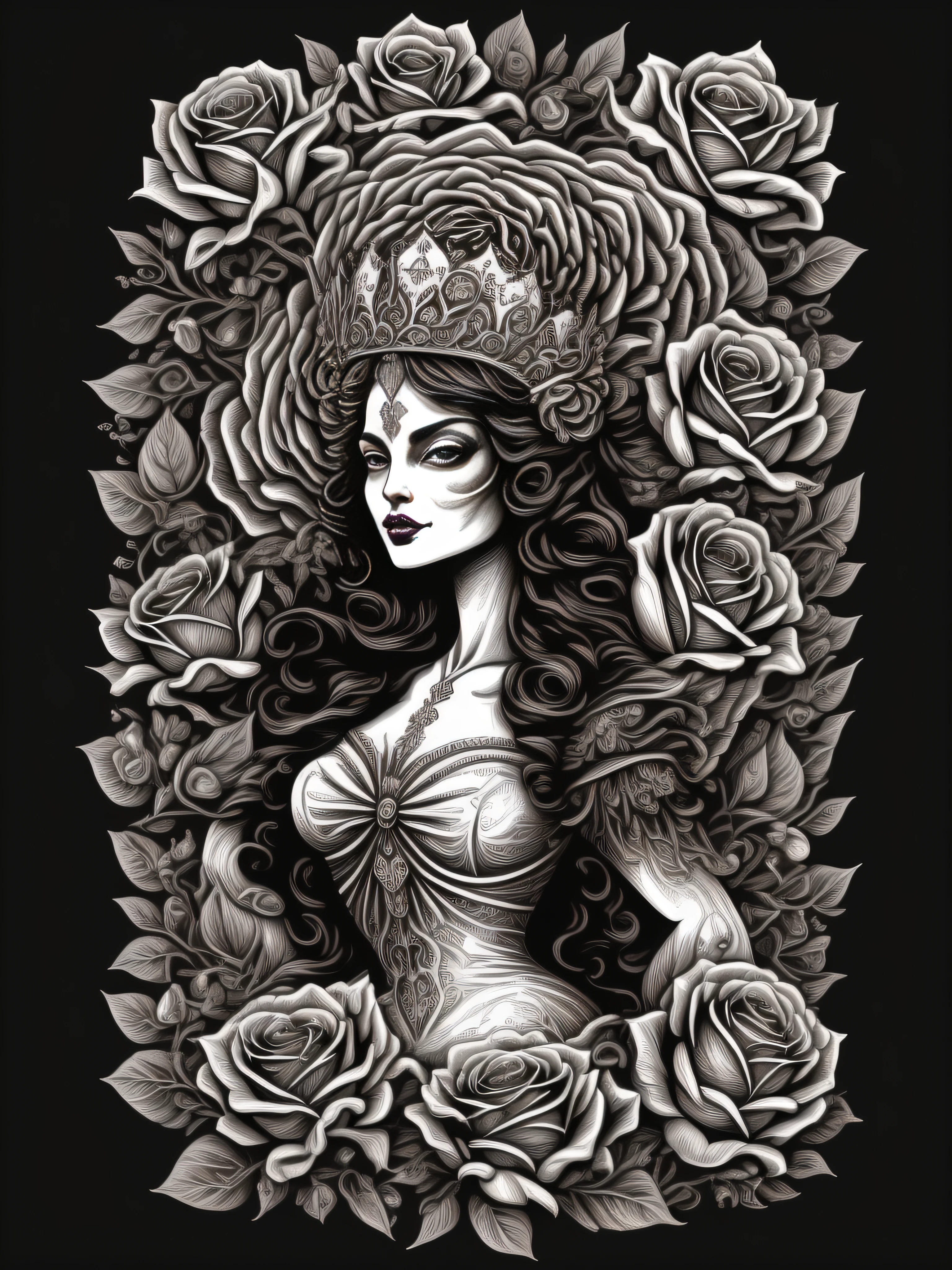 (High quality Chicano airbrush art),(masterpiece, best quality, ultra-detailed),ultra-detailed,8K resorution,(full-length portrait),(black background),(symmetrical),(Vertical symmetry),(ultra-detailed skull face),((virgin mary, saint skeleton queen, la catrina)),((brightly colored)),t-shirt design,large Roses symmetrically placed on both sides,(religious symbolism),(inspired by Holy Mary, Queen of Skulls, Lactreina, and Queen of the Dead, Lavi Zupa),(detailed additions),(iconography),(Lavi Zupa:1.2),high contrast