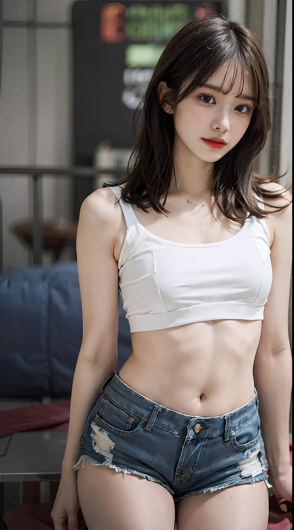 Girl posing in white low cut super short tank top and tight denim shorts、full body Esbian、Cropped tank top、bra very、Slim body、a large bust、Slim Girl Model、24歳の女性モデル、Beautiful body Facing the front Navel out Show all lower abdomen showing a beautiful belly Too torn denim shorts Shabby denim shorts Thigh exposure Thin camisole with shabby strings Very short string camisole Denim shorts that are too short You can see all the shapes of your genitals The shape of the genitals is perfectly visible Denim shorts with only thin strings Low-rise denim shorts genitals are visible Show more all lower abdomen An ultra-high picture quality The ultra -The high-definition 8K