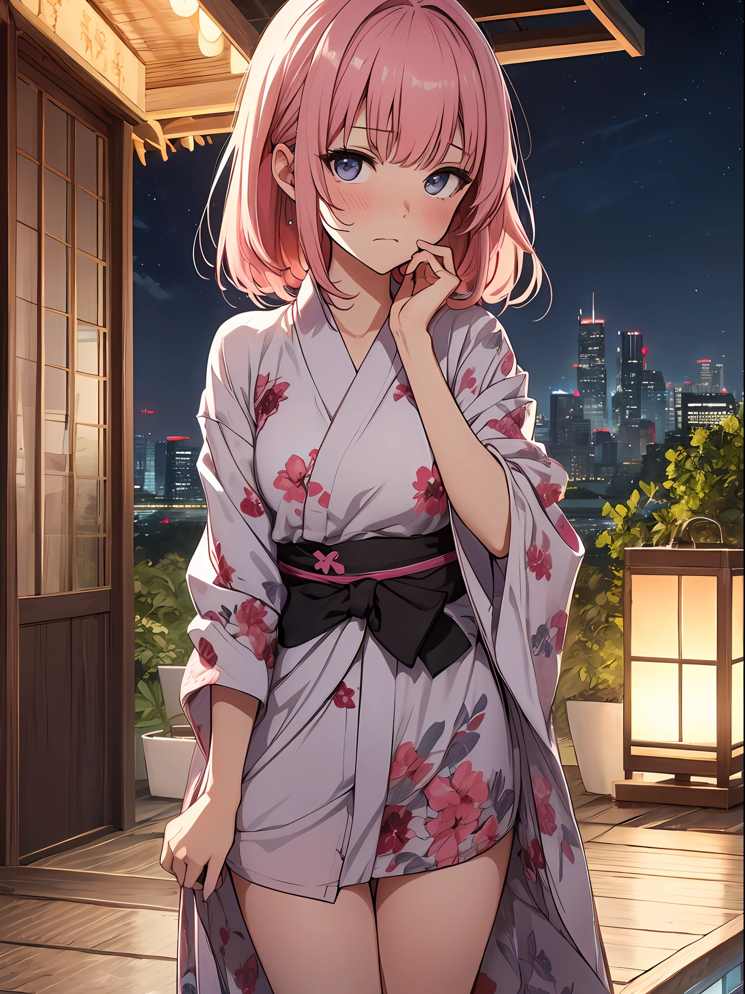 (masutepiece), Top quality ultra-detailed CG art, Beautiful women's yukata, White string bread(Cute), A look of shame, Eyes are pink, Radiant hair。(narrow-focus shot), Juvenile body shape, long、Pink hair、 knees up, Pounding face, Night Images、Idols of the Showa era、sprawl、