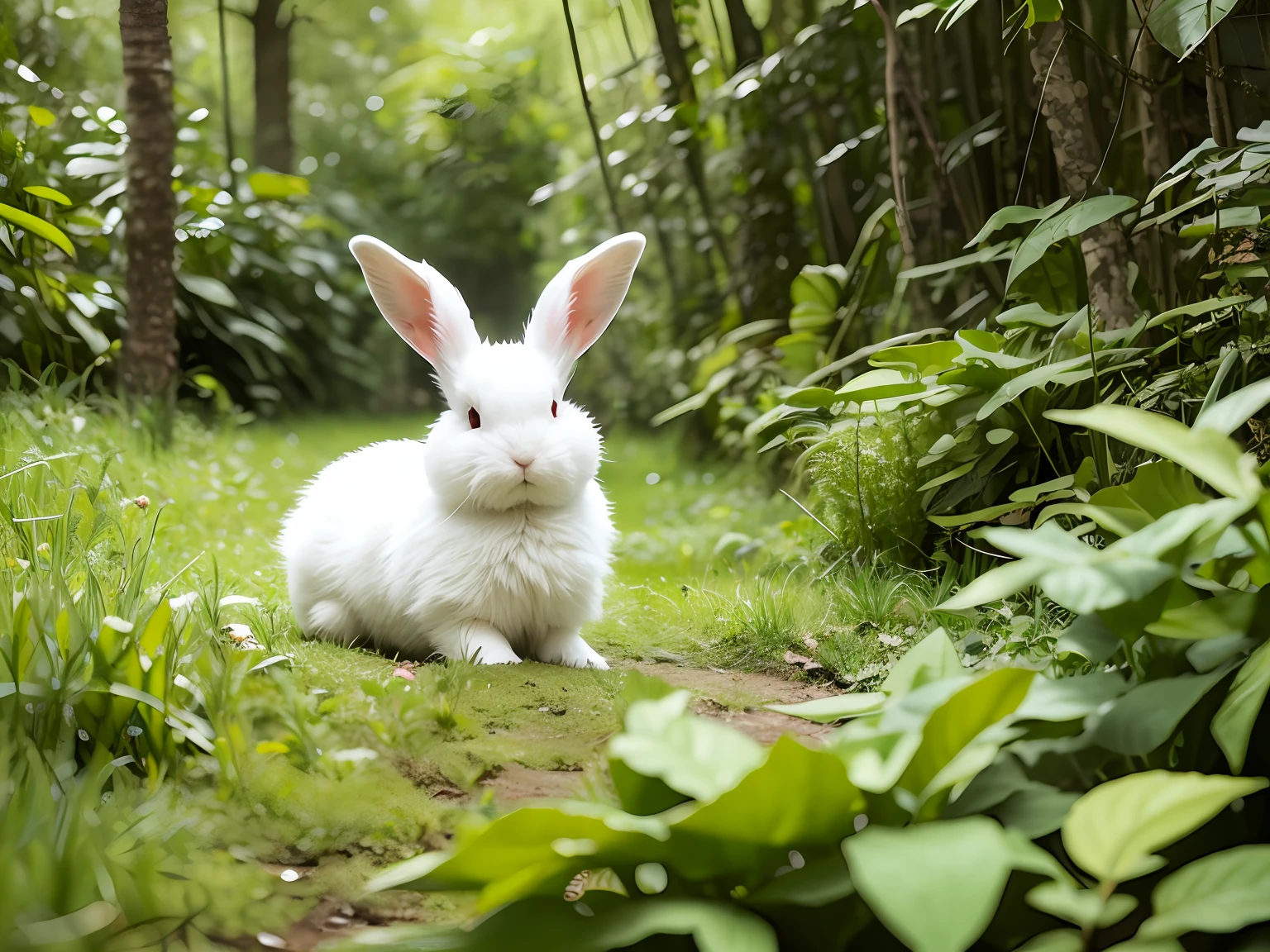 A fluffy white loinhead rabbit playing in a lush green jungle