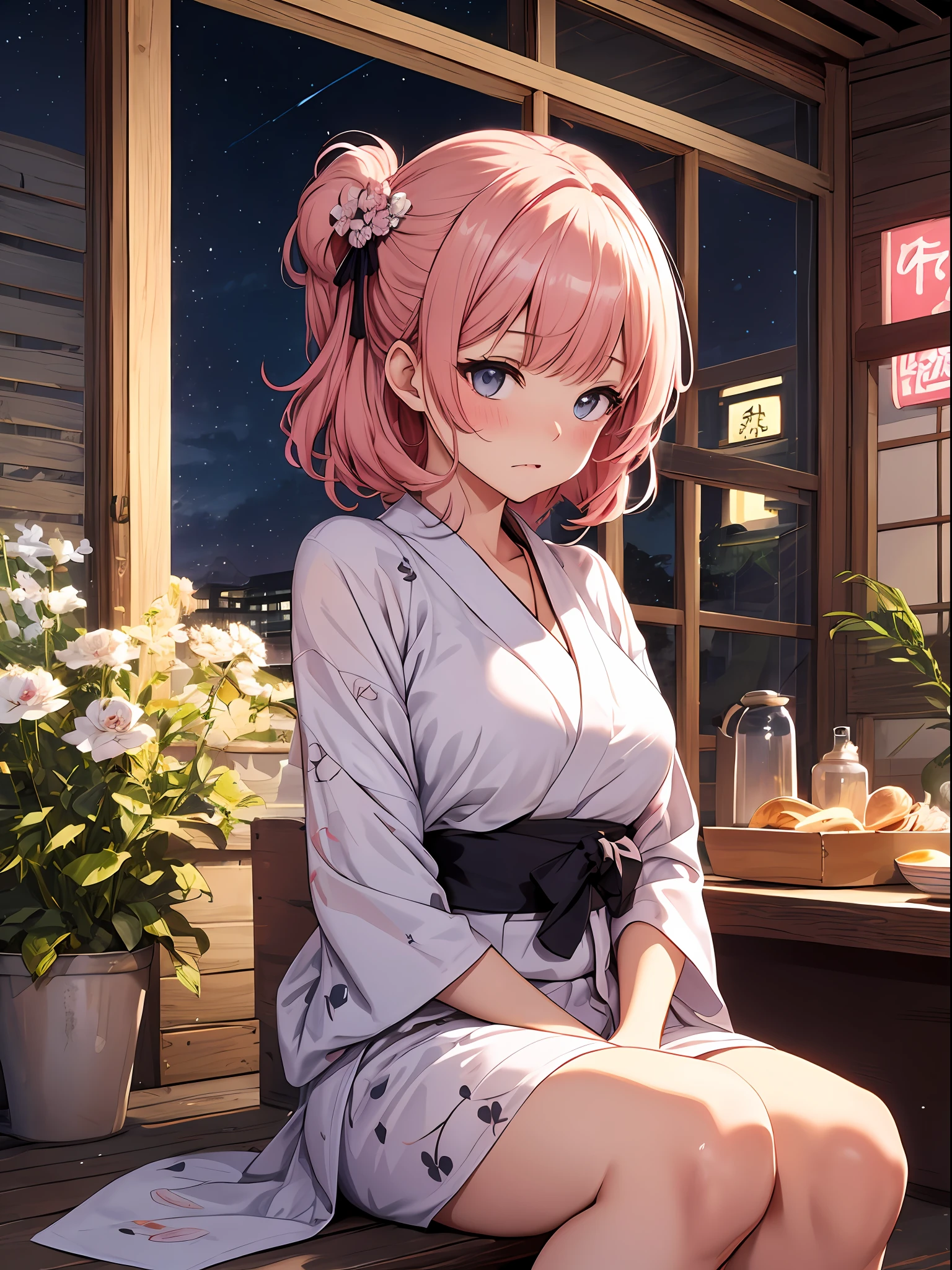 (masutepiece), Top quality ultra-detailed CG art, Beautiful women's yukata, White string bread(Cute), A look of shame, Eyes are pink, Radiant hair。(narrow-focus shot), Juvenile body shape, long、Pink hair、 knees up, Pounding face, Night Images、Idols of the Showa era、