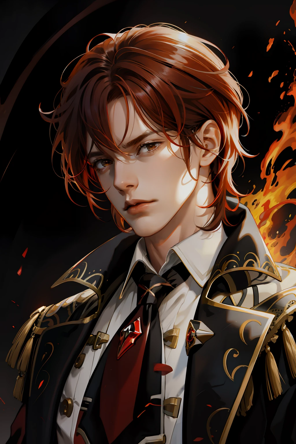 extremely delicate and beautiful, Amazing, finely detail, masterpiece, ultra-detailed, highres,best illustration, best shadow,intricate,sharp focus, high quality, 1 male solo, ((mature)) handsome, tall muscular guy, broad shoulders, (((dark red hair))) diluc genshin impact, dark brown coat with fur on the bottom, dark red gloves, black tie, light shirt, dark pants, big black boots, dynamic battle pose, big sword, fire fractal swirls, ((adult mature man))