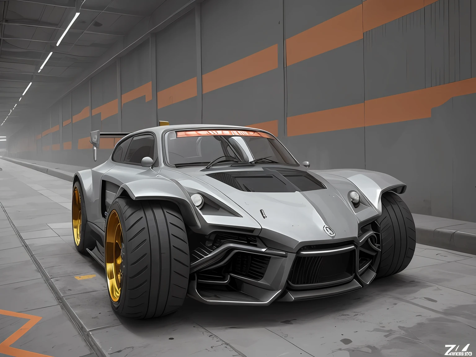 a 3/4 front view of ((futuristic cyberpunk hotrod zeekars)) (with glowing tires), at the parking lot, low, streamlined, sporty, gray color, flat thin lights, wide tires, black rims